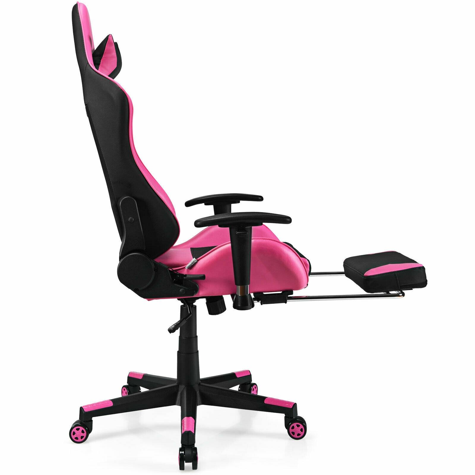 Alt View 3. WELLFOR - PU Leather Gaming Chair with USB Massage Lumbar Pillow and Footrest - Pink.