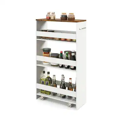 Front. Kadyn - 4-Tier Rolling Storage Cart Slim Kitchen Cart on Wheels with Open Shelves and Handle-Rustic Brown, Kitchen Island - White.
