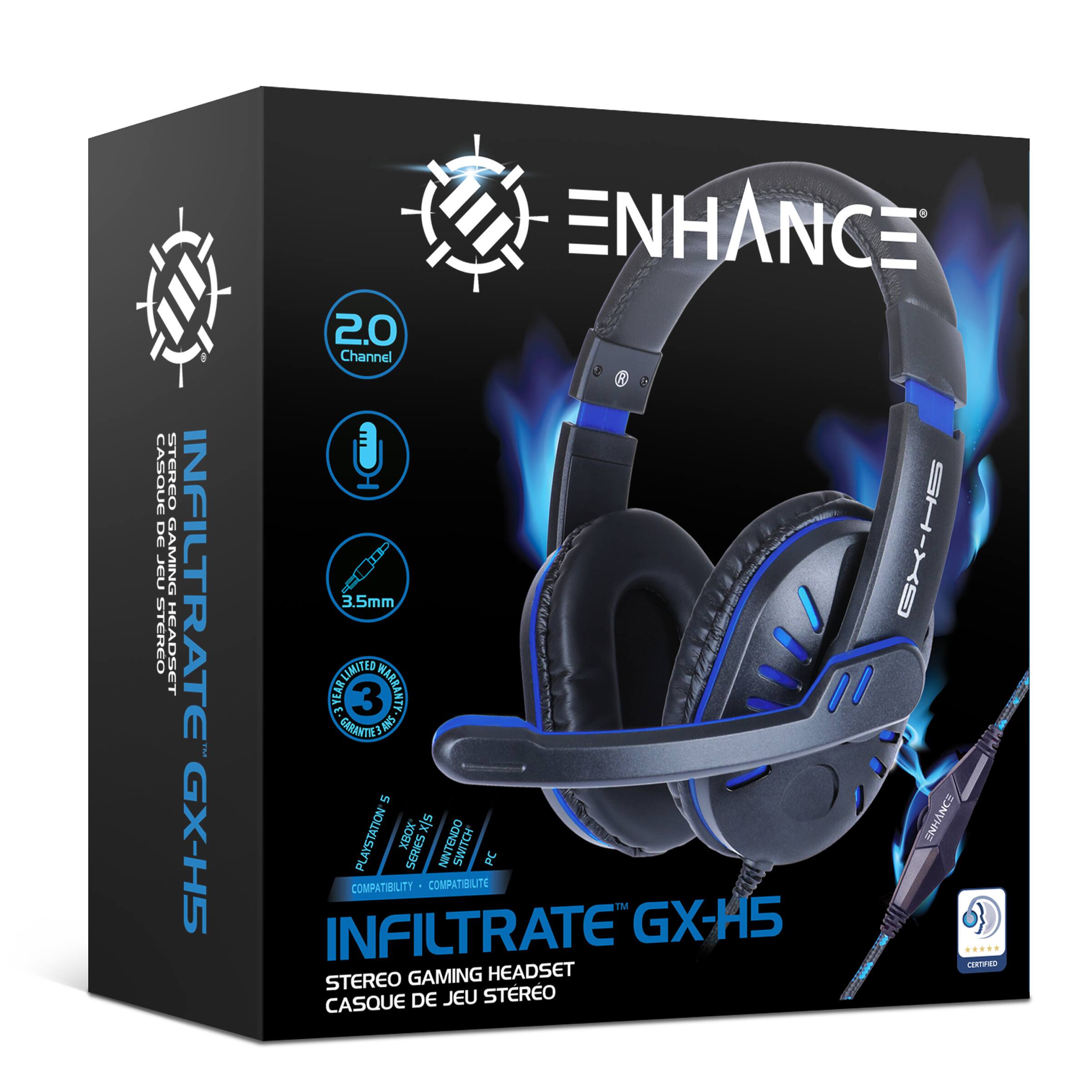 CASQUE DE JEU GAMING INFILTRATE STEREO HEADSET GX-H5 ENHANCE 2.0 Channel V : 3.5mm E GX-H5 LIMITED WARRANTY 3 MARRANTY GARANTIE ANS s PLAYSTATION XRX s|x NINTENDO ENHANCE SERIES SWITCH PC COMPATIBILITY COMPATIBILITE INFILTRATE GX-H5 ..... IRETFED STEREO GAMING HEADSET CASQUE DE JEU STEREO