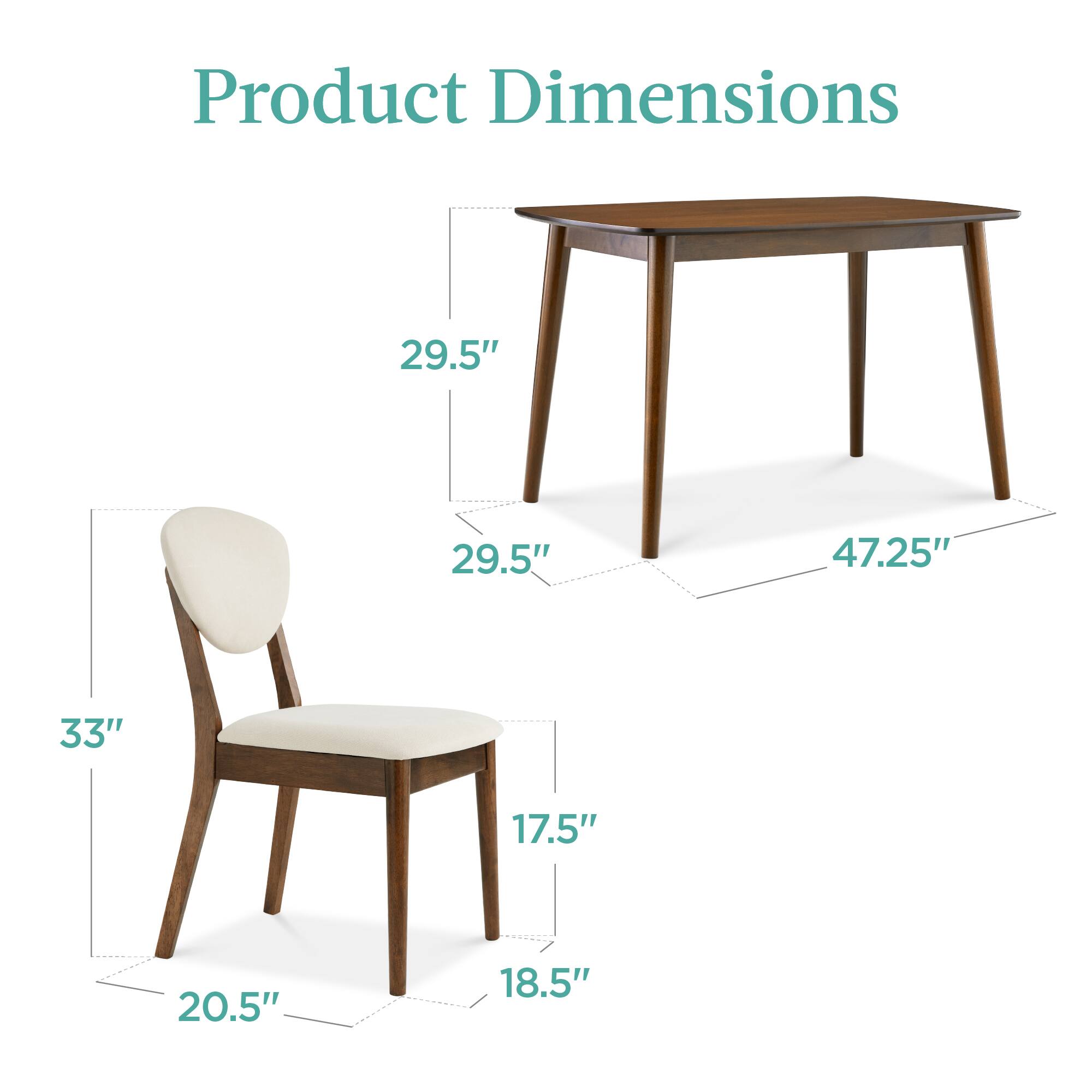 Product Dimensions

- Table: 29.5" x 29.5" x 47.25"
- Chair: 33" x 20.5" x 18.5" x 17.5"