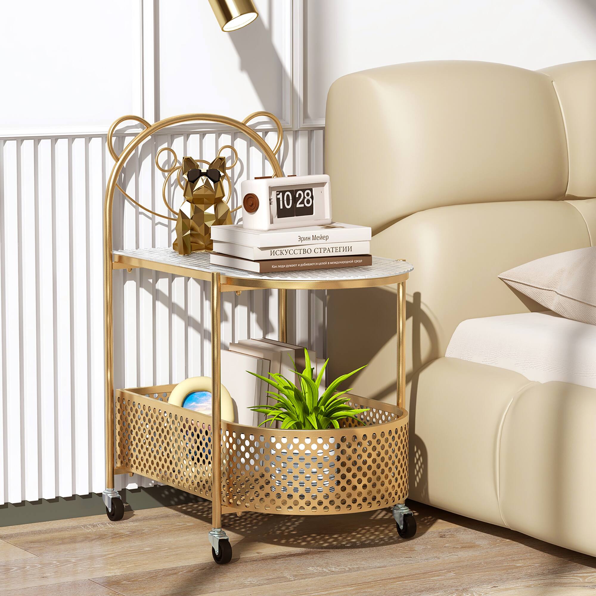 Alt View 4. Gymax - Gymax 2-Tier Mobile Glass Coffee Table w/ Bear Pattern Storage Basket Transparent & Golden - Transparent, Golden.