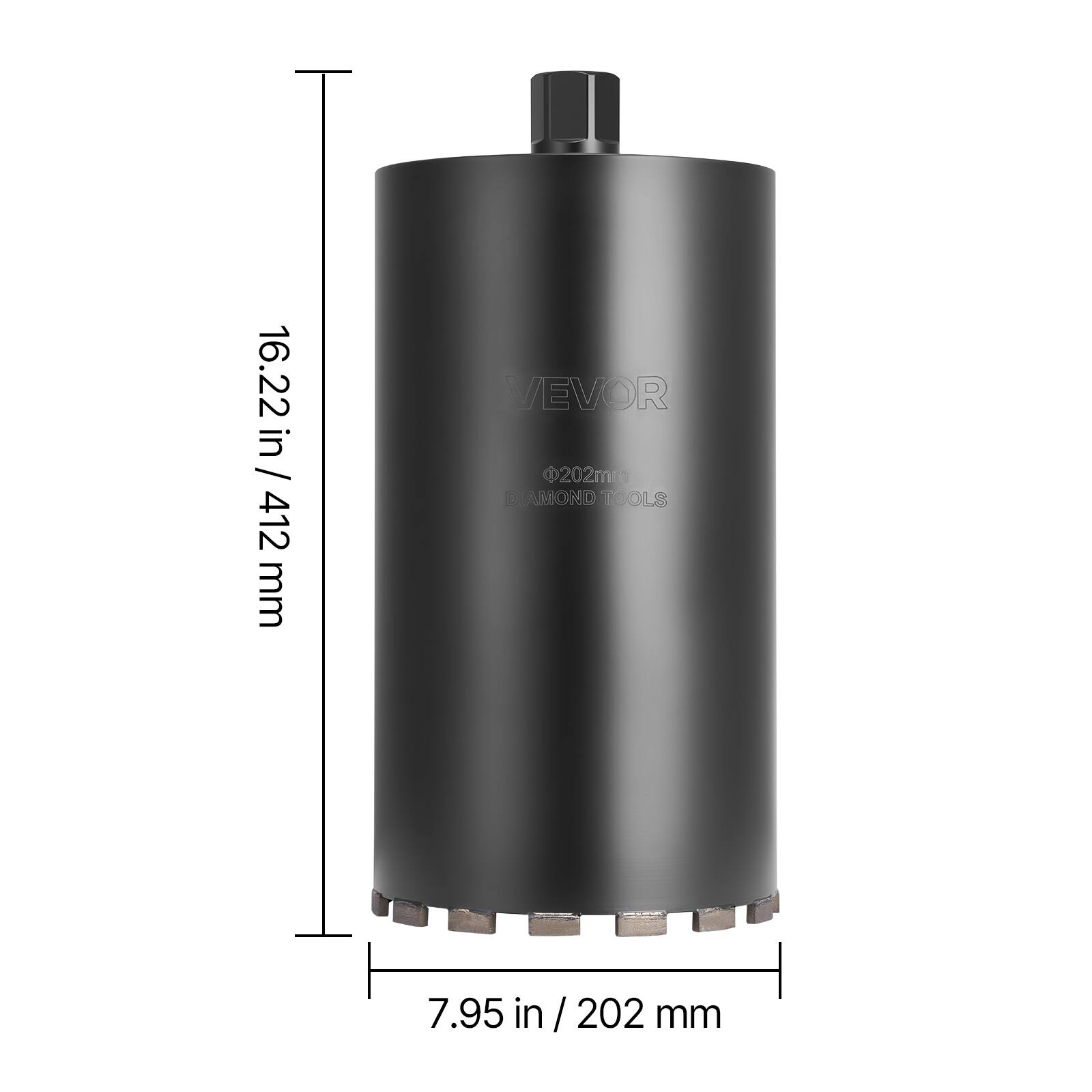 6.22 in / 16.22 in / 412 mm  
VEVOR  
202mm DIAMOND D COLS  
7.95 in / 202 mm