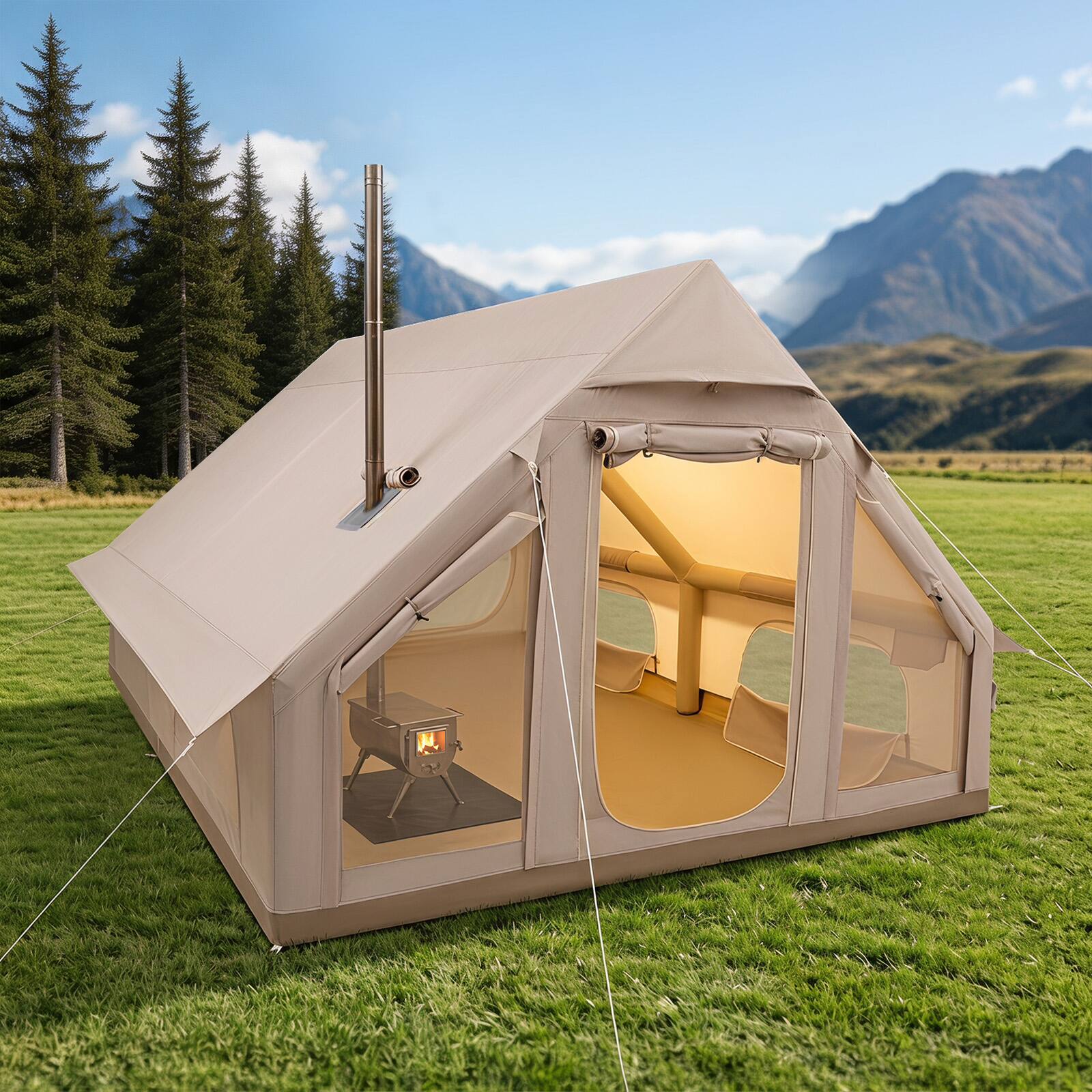 Alt View 1. Costway - Costway Inflatable Tent for Camping with Stove Jack, Hand Pump for Family Glamping - Beige.