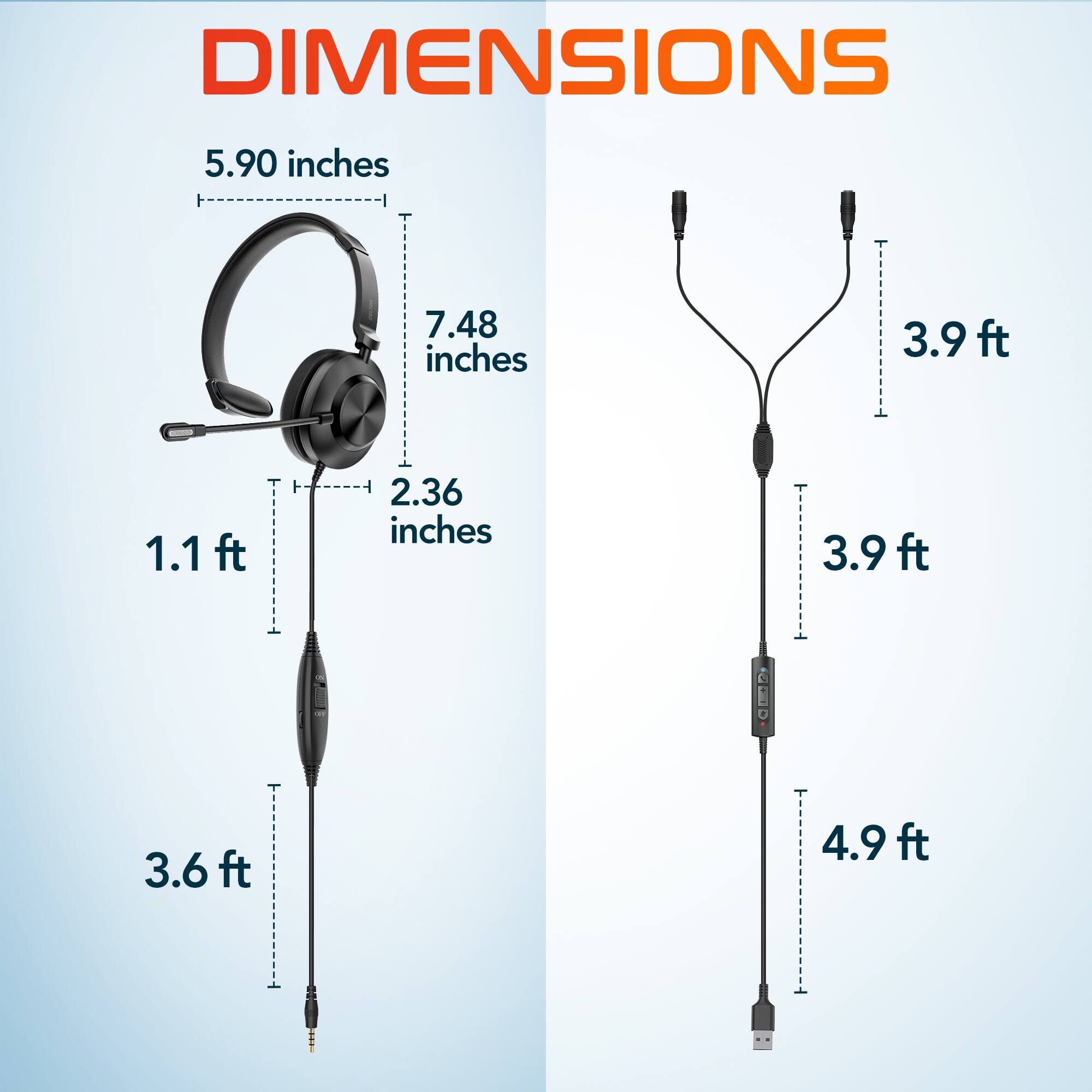DIMENSIONS

- 5.90 inches
- 7.48 inches
- 2.36 inches
- 1.1 ft
- 3.9 ft
- 3.6 ft
- 4.9 ft
