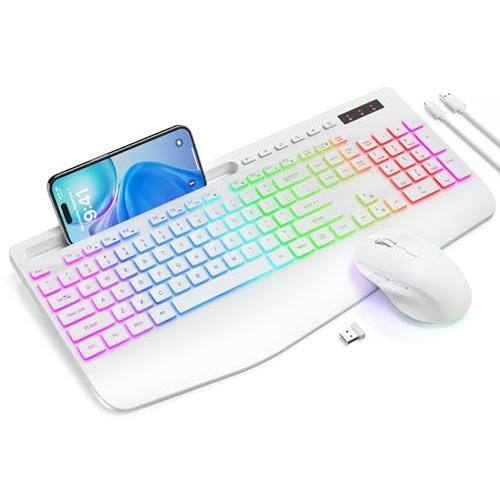 Comfort Essence - Wireless And Mouse Backlits Wrist Rest Rechargeable With Phone Holder Silent Light Up Combo For Computer Pc - White