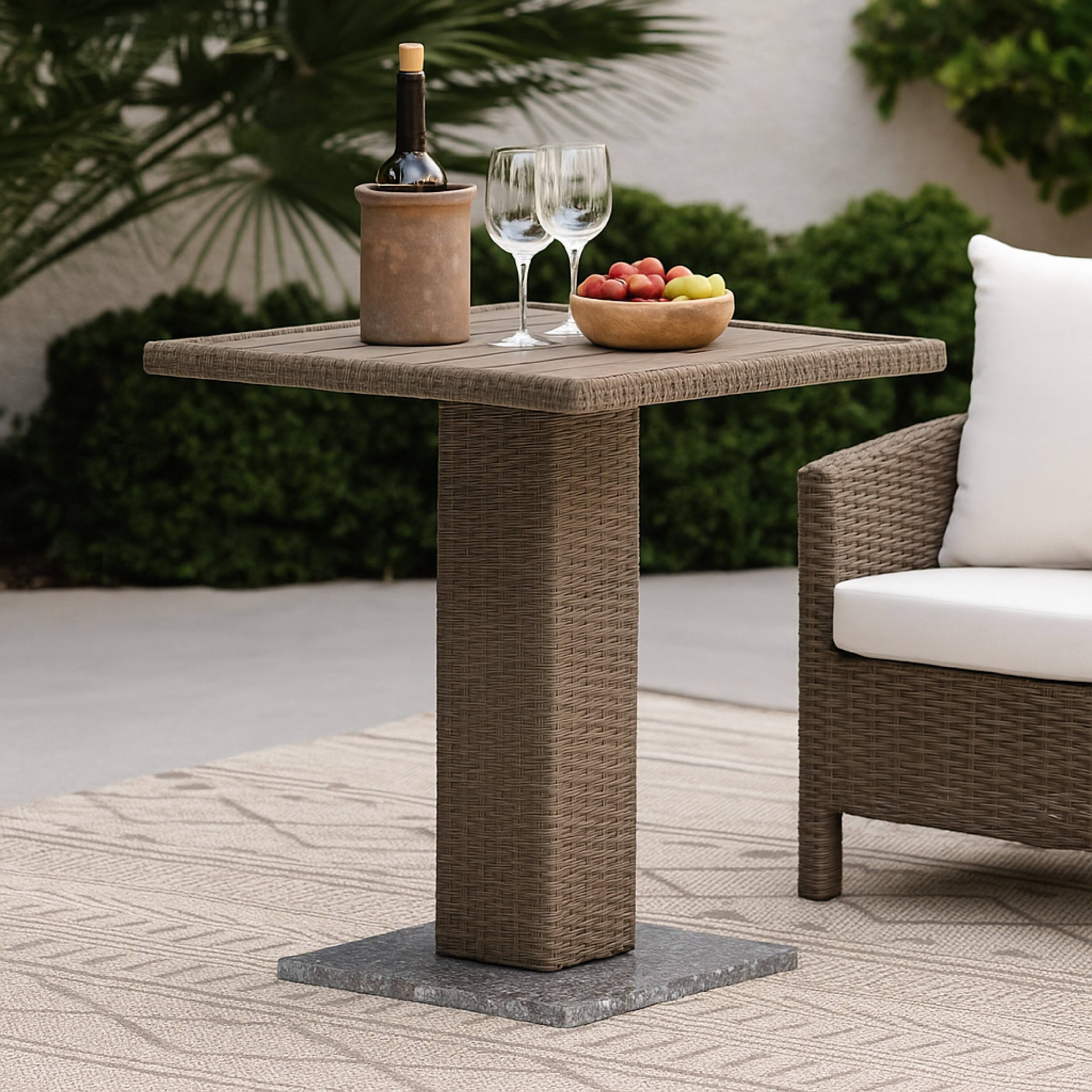 Alt View 5. Manhattan Lane - Nia Bistro Outdoor Table, Marble Base, Brown PE Rattan Frame, 27 Inch - Natural Brown.