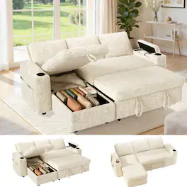 Dyonery - 82" Pull Out Couch Sleeper Sofa Bed,with Armrest Storage Cup Holder Side Pocket Tool-Free Assembly , Beige - Beige