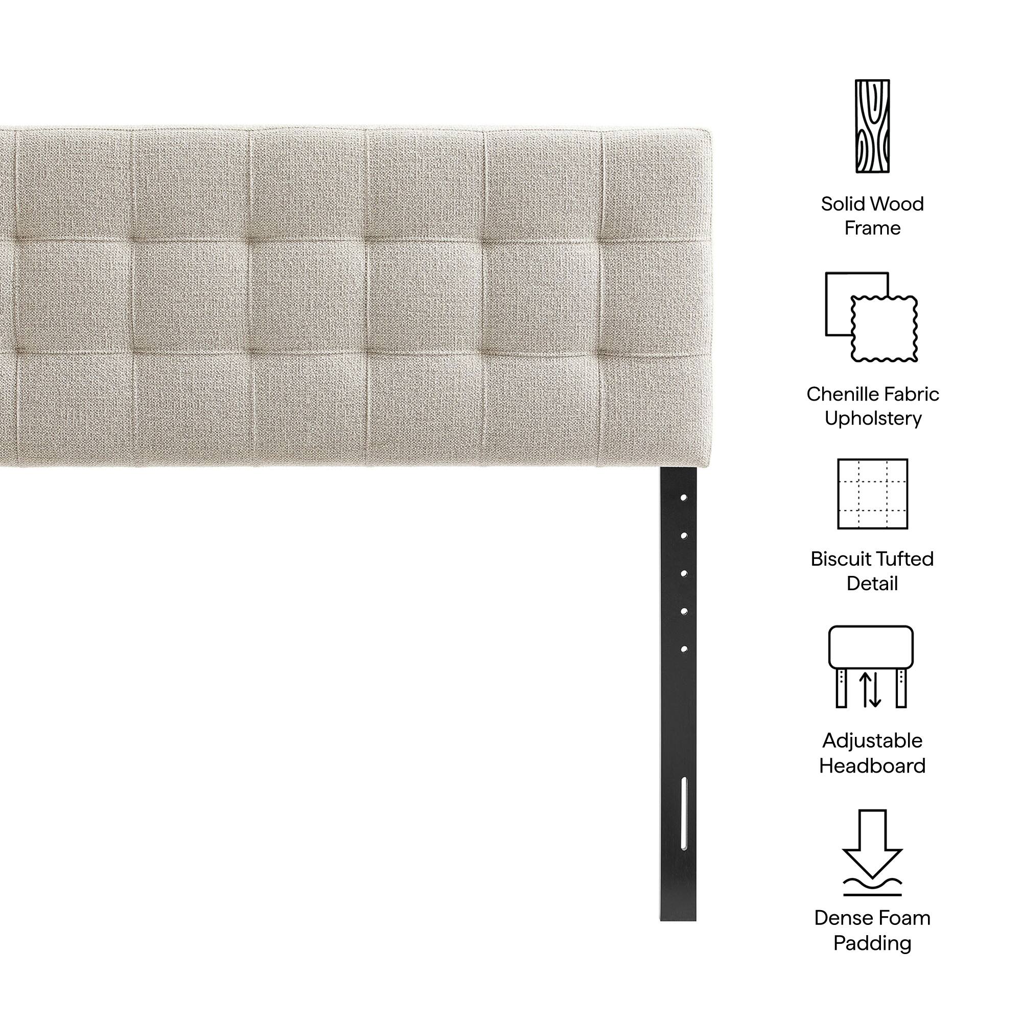 Solid Wood Frame  
Chenille Fabric Upholstery  
Biscuit Tufted Detail  
Adjustable Headboard  
Dense Foam Padding