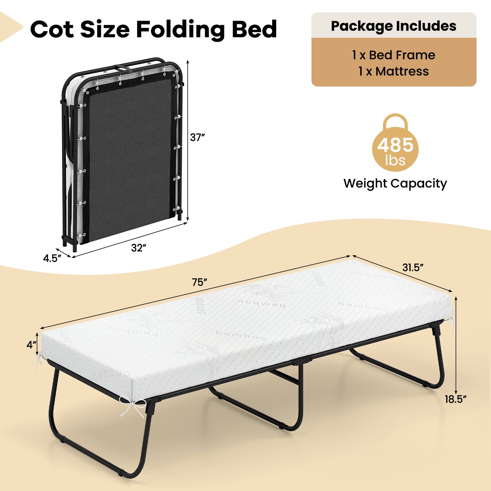 Cot Size Folding Bed

Package Includes
1 x Bed Frame
1 x Mattress

Weight Capacity
485 lbs

Dimensions:
- 75" x 32" x 4.5"
- 37" x 31.5" x 18.5"