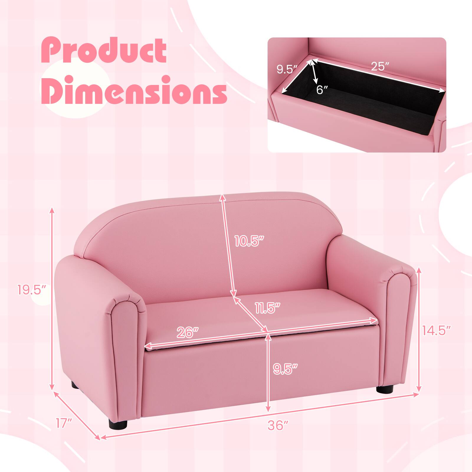 Product Dimensions

- Length: 36"
- Width: 19.5"
- Height: 14.5"
- Seat Height: 9.5"
- Seat Depth: 11.5"
- Back Height: 10.5"
- Armrest Height: 26"
- Cushion Thickness: 6"
- Cushion Length: 25"