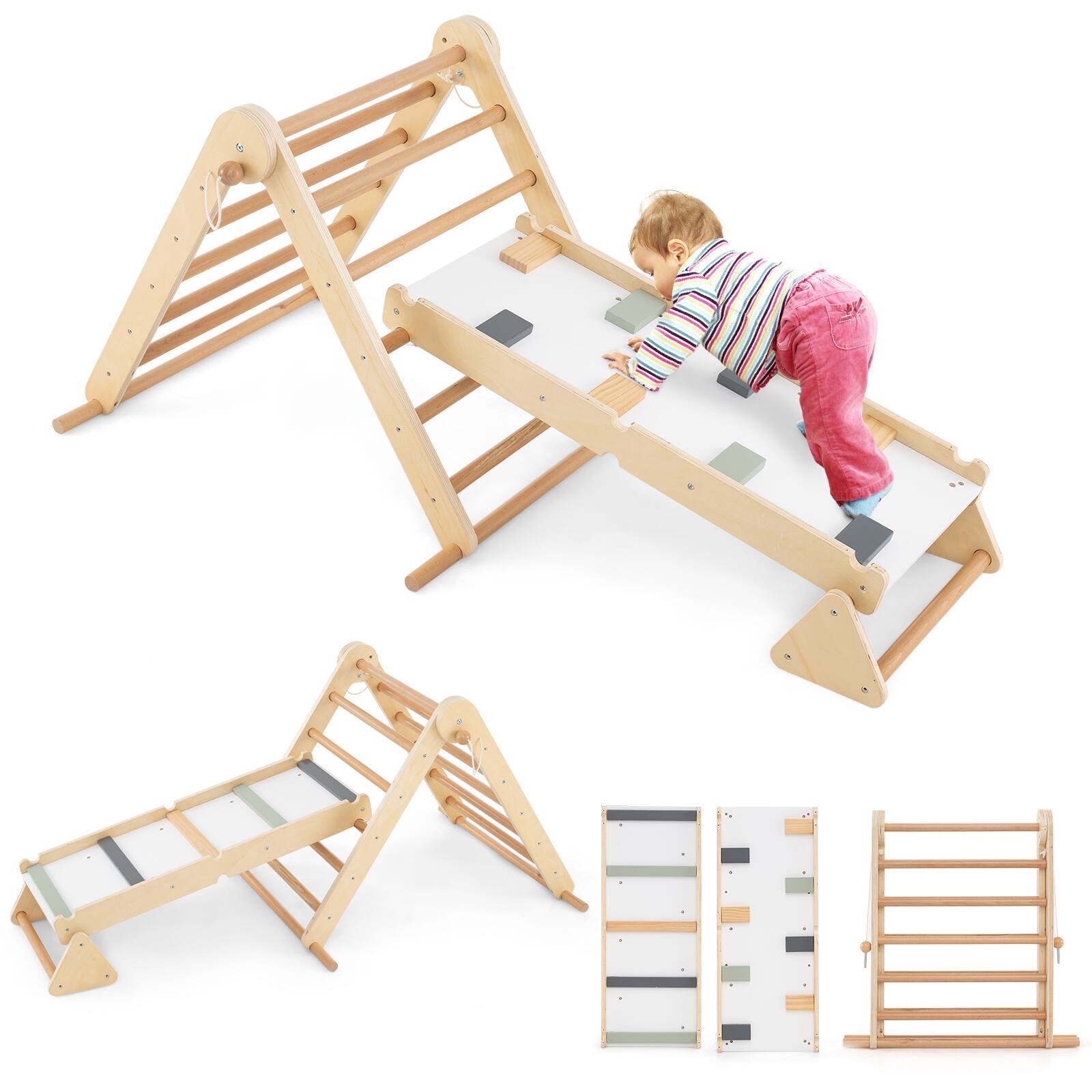 Alt View 9. Gymax - Gymax 3-in-1 Pikler Triangle Climbing Set Kids Montessori Climbing Toys Wooden Climber - Natural.