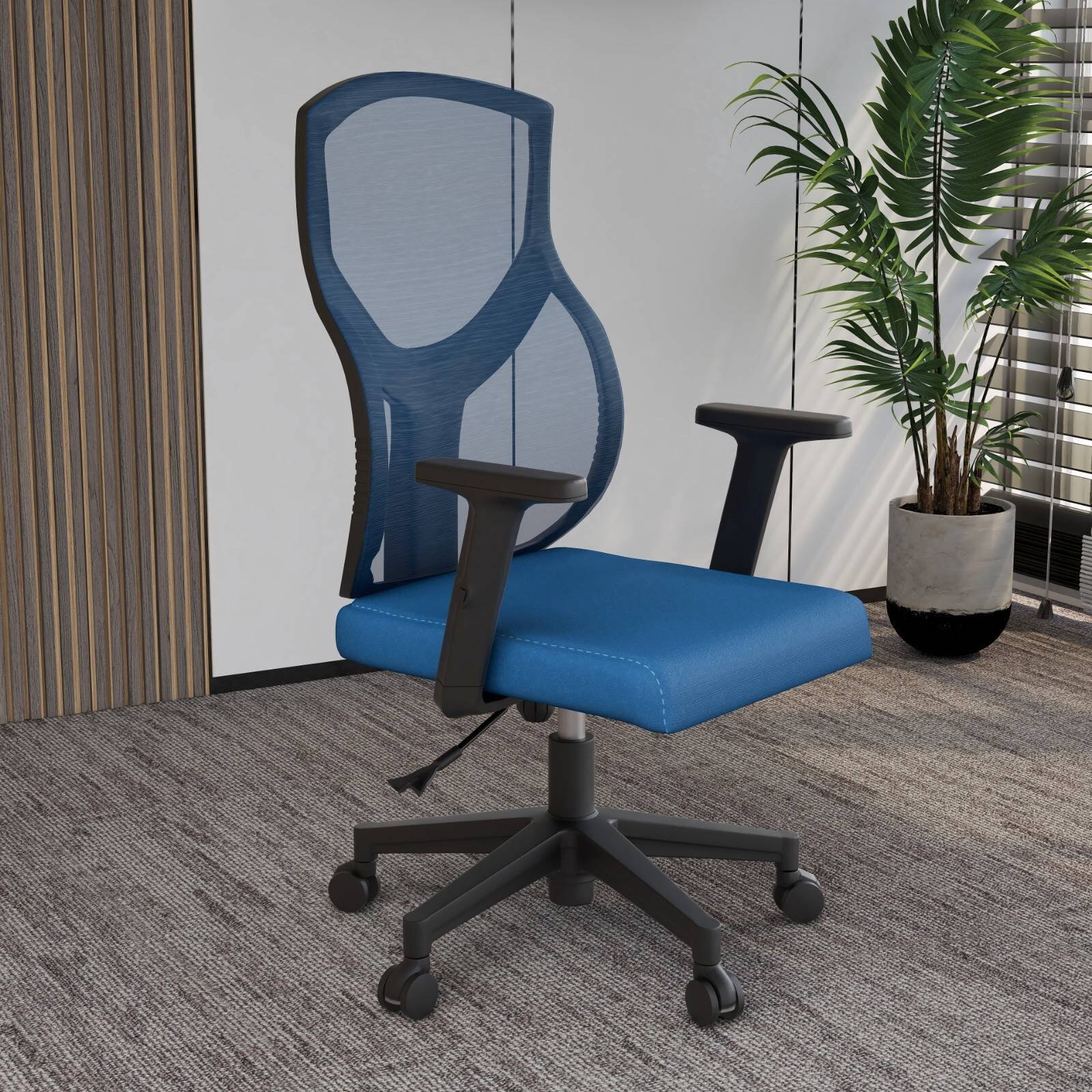 Left. LeisureMod - Glen Office Chair Upholstered Cotton Mid-Back Mesh Computer Chair with Adjustable Height, Swivel and Tilt - Blue.