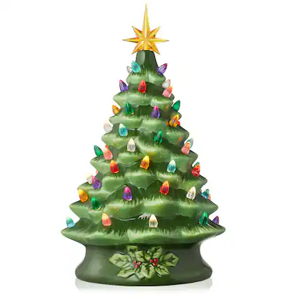 Front. Casafield - 15-in Hand Painted Ceramic Christmas Tree - Pre-Lit Tree with Star - Green.
