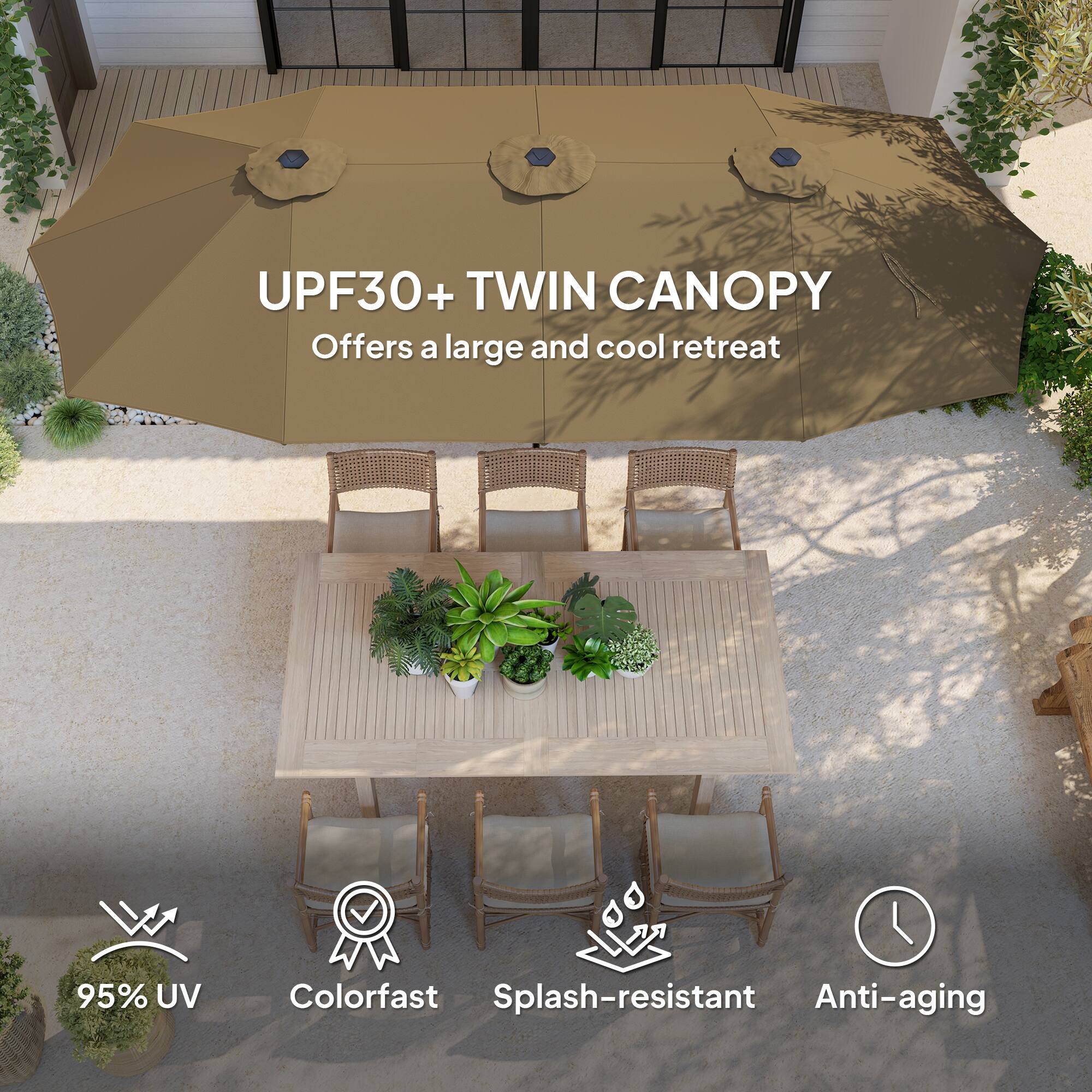 UPF30+ TWIN CANOPY Offers a large and cool retreat

95% UV
Colorfast
Splash-resistant
Anti-aging