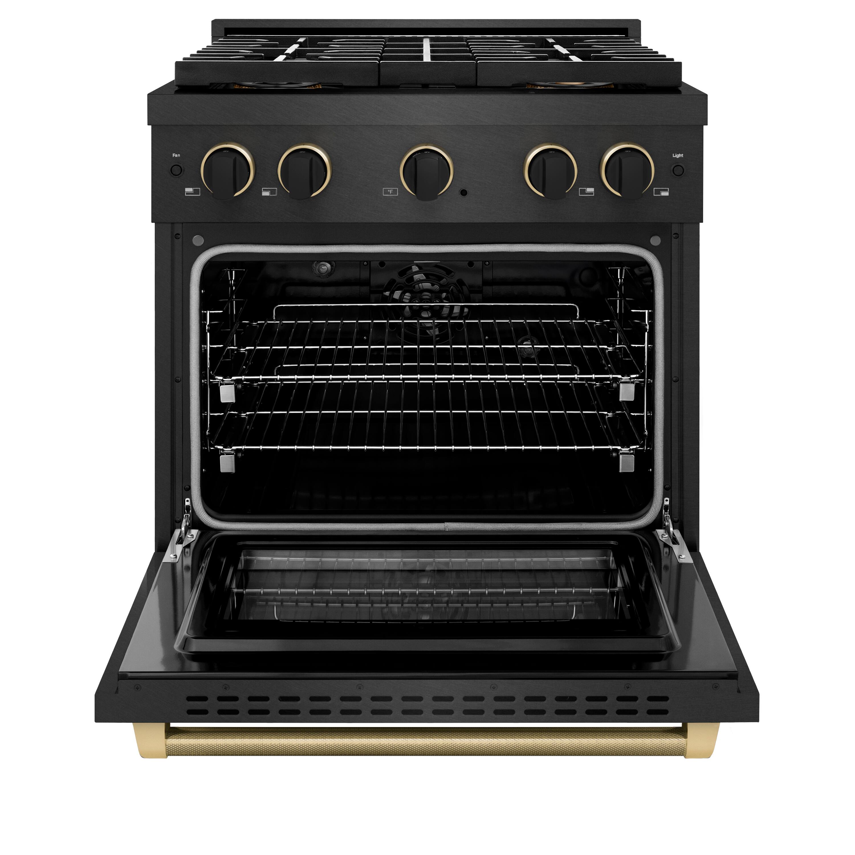 Angle. ZLINE - ZLINE Designer 30 in. 4.2 cu. ft. Freestanding DuoPro Dual Fuel Range in Black Satin Steel with Black and Bronze Accents - Black Satin Stainless Steel.
