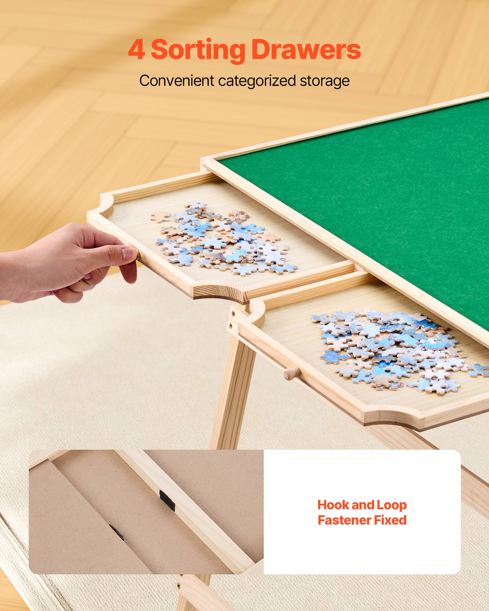 4 Sorting Drawers, Convenient categorized storage, Hook and Loop Fastener Fixed