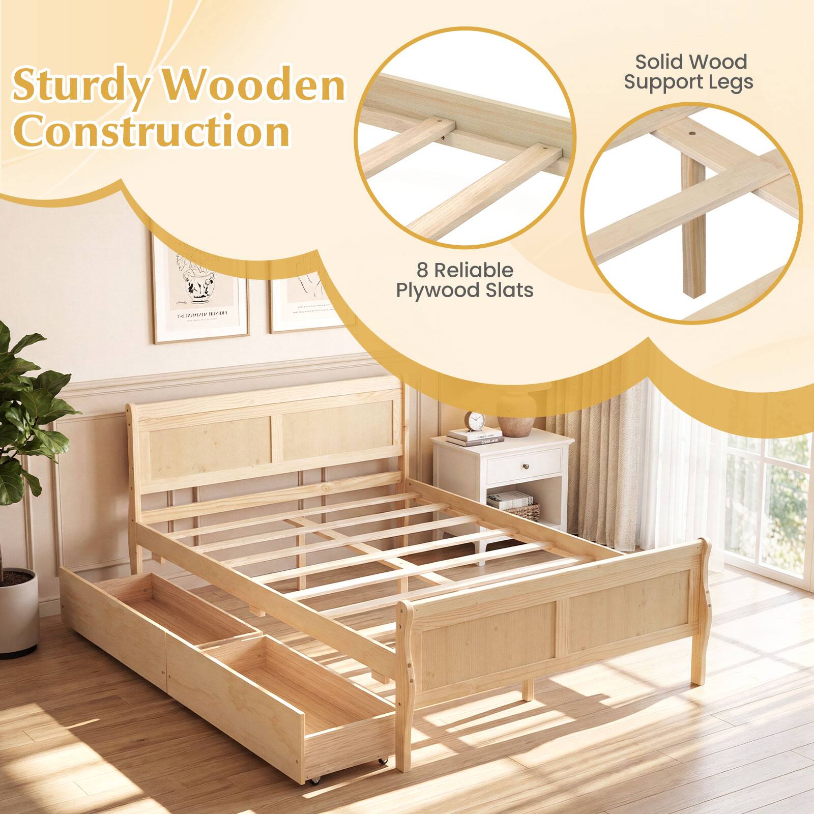 Sturdy Wooden Construction  
Solid Wood Support Legs  
8 Reliable Plywood Slats