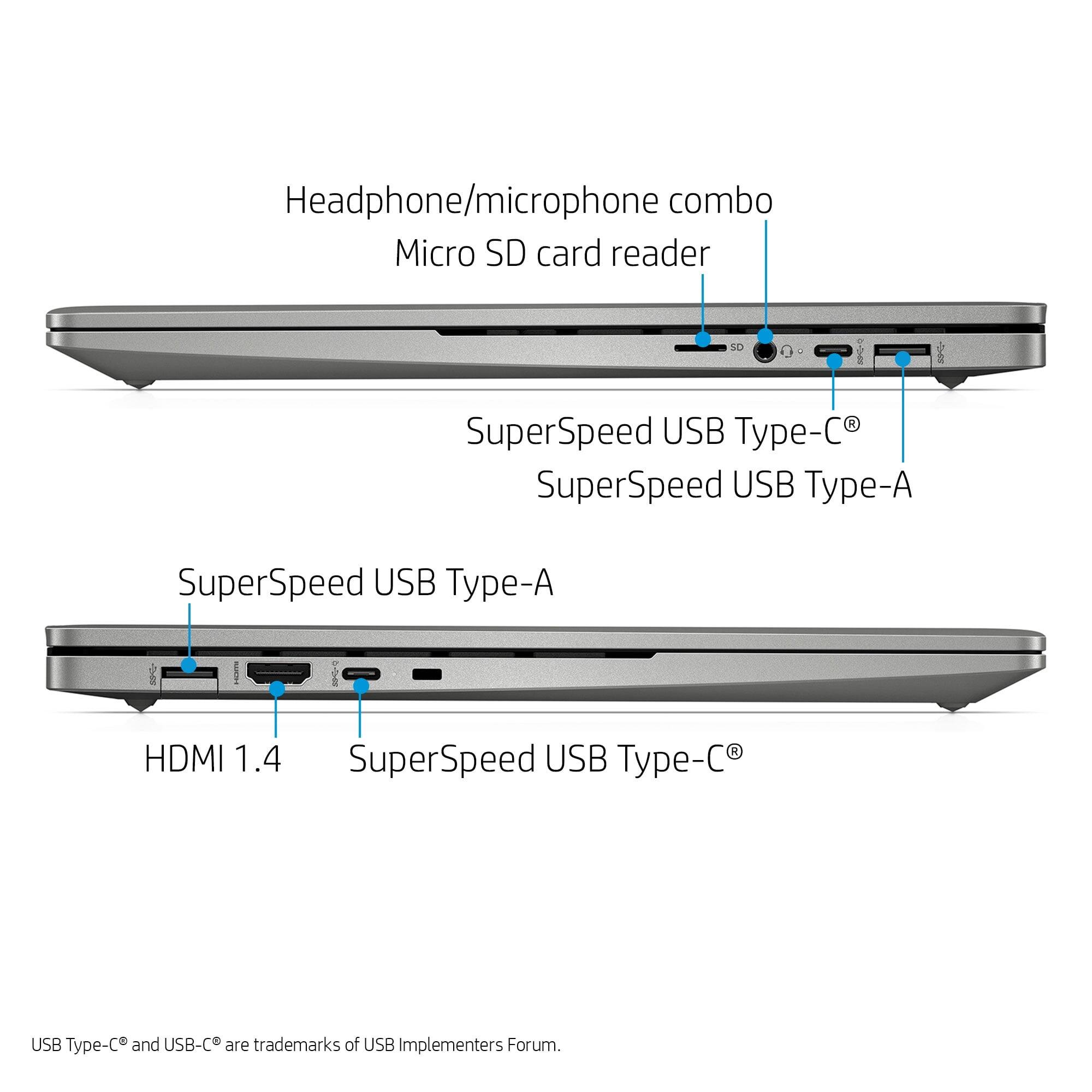 Headphone/microphone combo  
Micro SD card reader  
SuperSpeed USB Type-C®  
SuperSpeed USB Type-A  
SuperSpeed USB Type-A  
HDMI 1.4  
SuperSpeed USB Type-C®  

USB Type-C® and USB-C® are trademarks of USB Implementers Forum.