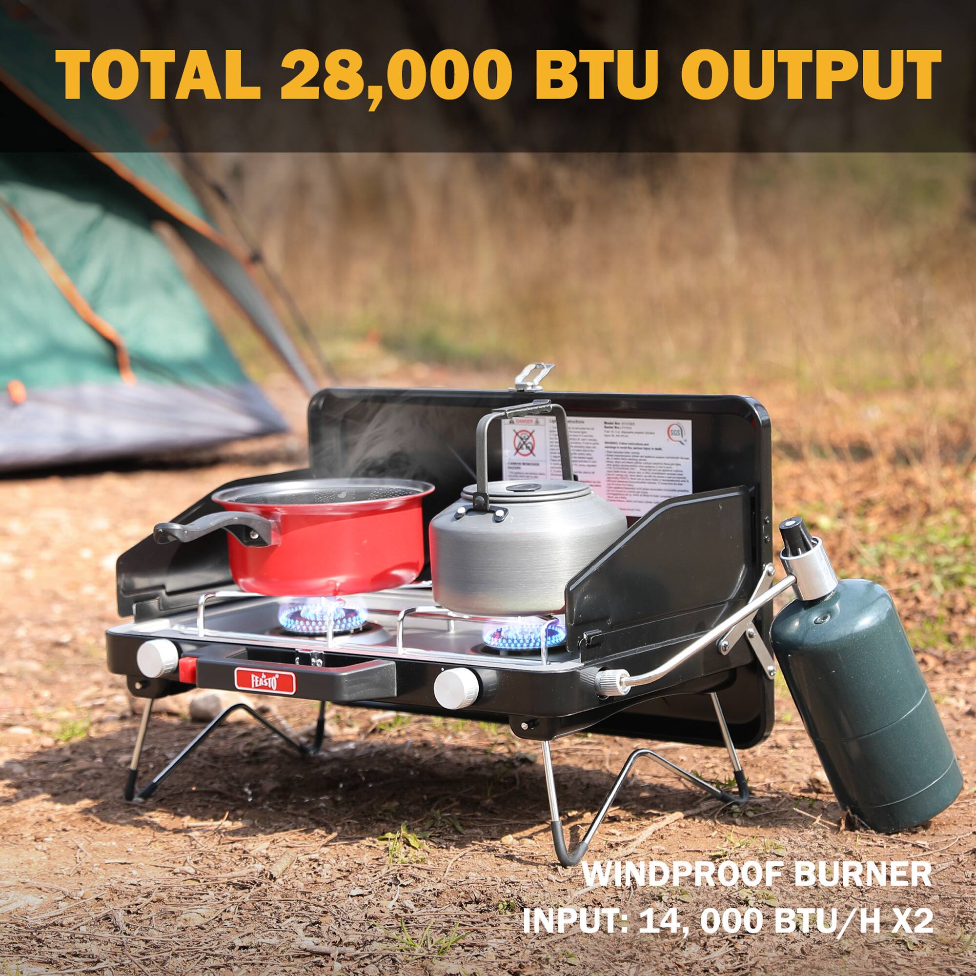 TOTAL 28,000 BTU OUTPUT

WINDPROOF BURNER
INPUT: 14,000 BTU/H X2
