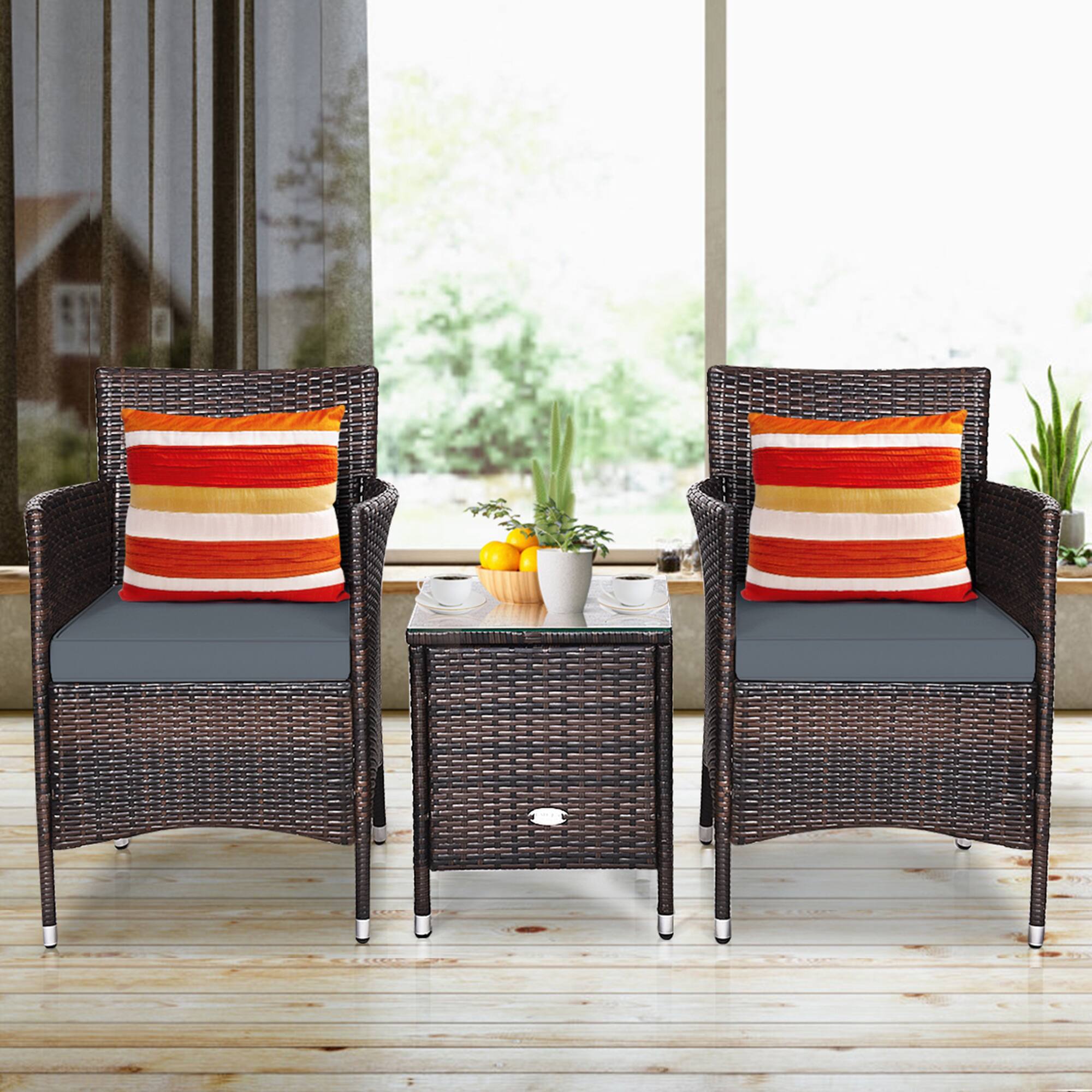 Alt View 5. Gymax - Gymax 3PCS Patio Rattan Chair & Table Furniture Set Outdoor w/ Grey Cushion - Grey.
