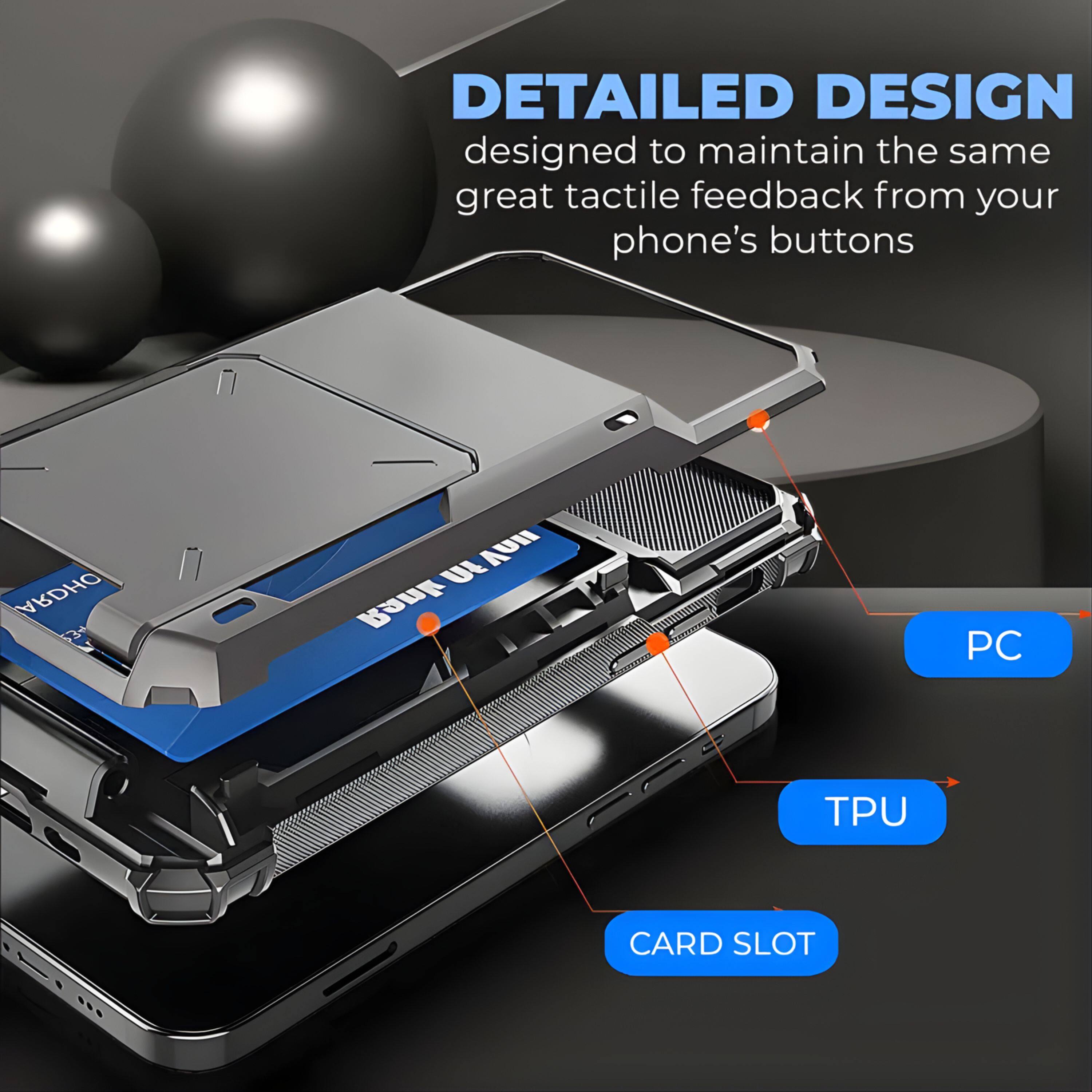 DETAILED DESIGN  
designed to maintain the same great tactile feedback from your phone's buttons  

- PC  
- TPU  
- CARD SLOT