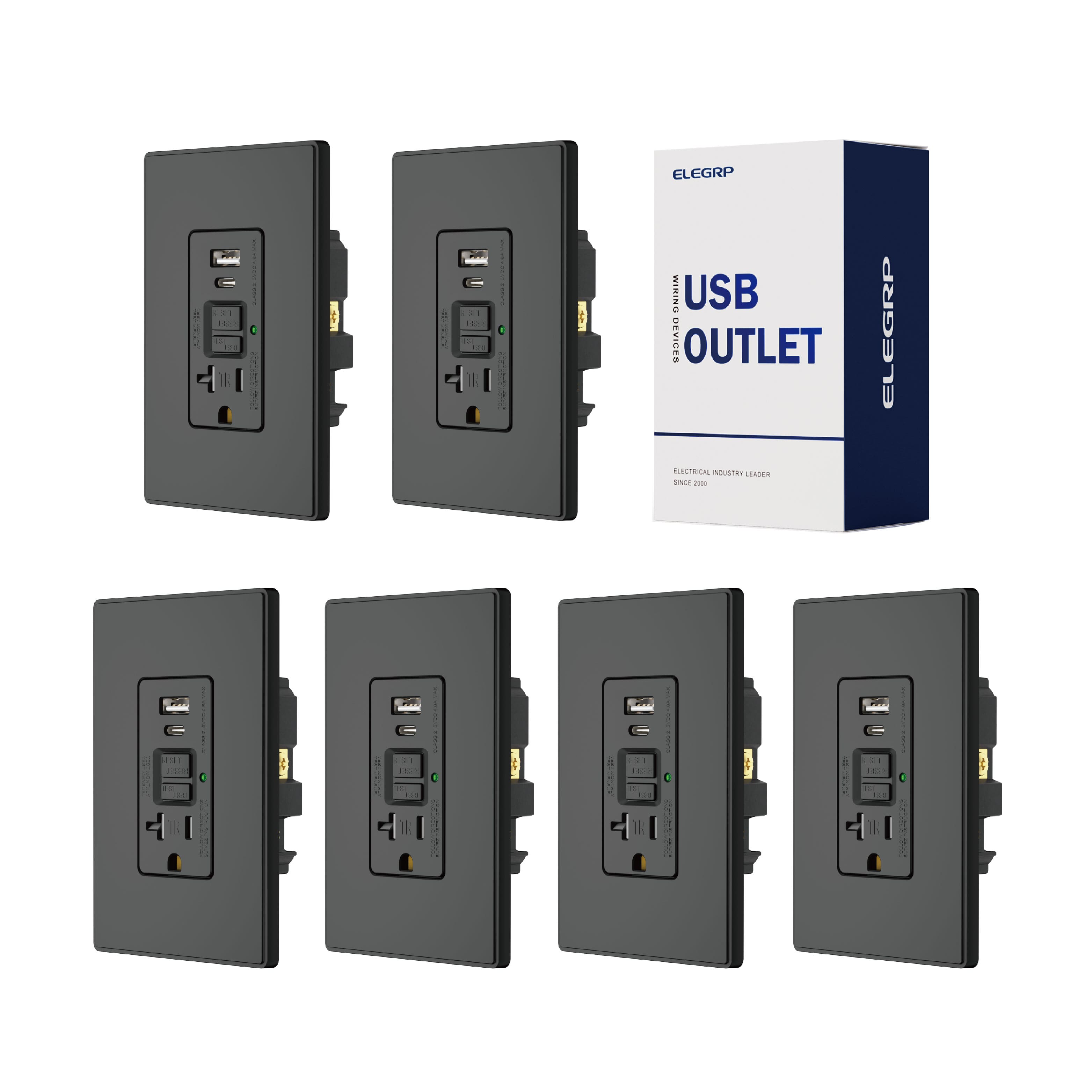 ELEGRP - 20A GFCI Outlet & 24W USB Charger Receptacle(A+C Ports), TR, w/Screwless Wall Plate, UL & CUL Listed, ,6 PC - Black