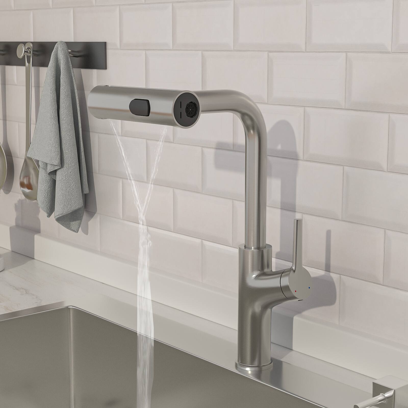 Back. Lordear - Brushed Nickel 360° Pull-Down Kitchen Faucet with 4 Spray Modes - Brushed Nickel.
