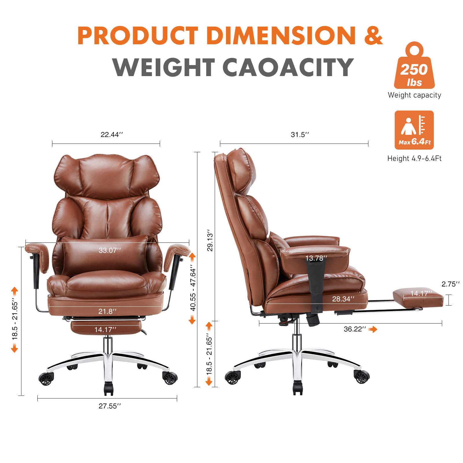 **PRODUCT DIMENSION & WEIGHT CAPACITY**

- **Weight capacity:** 250 lbs
- **Height:** 4.9-6.4Ft
- **Dimensions:**
  - **Armchair:**
    - Width: 33.07"
    - Depth: 22.44"
    - Height: 31.5"
    - Seat Height: 18.5-21.65"
    - Seat Depth: 21.8"
    - Armrest Height: 21.8"
    - Base Width: 27.55"
    - Base Depth: 27.55"
  - **Recliner:**
    - Width: 36.22"
    - Depth: 33.07"
    - Height: 31.5"
    - Seat Height: 18.5-21.65"
    - Seat Depth: 21.8"
    - Armrest Height: 21.8"
    - Base Width: 27.55"
    - Base Depth: 27.55"
    - Footrest Height: 13