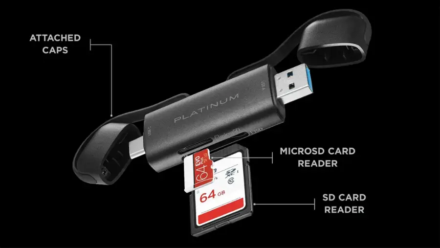 The text on the image is grouped and corrected as follows:

1. Attached caps: USB A Platinum C USB MicroSD Card Reader.
2. MicroSD Card Reader: 64 GB, 100 MB/s, EVO Plus.