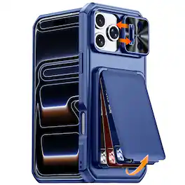 Dteck - Rugged Shockproof Flip Stand RFID Wallet Case Sliding Camera Lens Cover for Apple iPhone 17 Pro Max - Darkblue