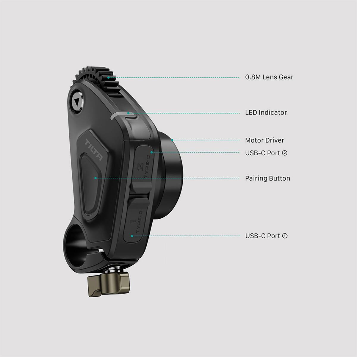 0.8M Lens Gear  
LED Indicator  
TILTA N TYPE-D  
Motor Driver  
USB-C Port  
Pairing Button  
TYPE-C USB-C Port