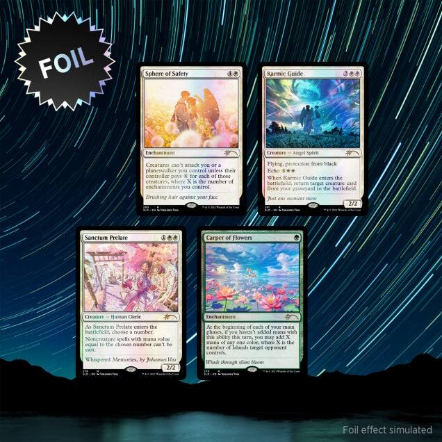FOIL

Sphere of Safety
Enchantment
Creatures can't attack you or a planeswalker you control unless their controller pays x for each of those creatures, where x is the number of enchantments you control
Brushing hair against your face

Karmic Guide
Creature - Angel Spirit
Flying, protection from black
Echo 3
When Karmic Guide enters the battlefield, return target creature card from your graveyard to the battlefield
Just enE MO MW 2/2

Sanctum Prelate
Creature - Human Cleric
As Sanctum Prelate enters the battlefield, choose a number. Noncreature spells with mana value equal to the chosen number can't be cast
Whispered Memories, by Johanna W

Carpet of Flowers
Enchantment
At the beginning of each of your main phases, if you haven't added mana with this ability this turn, you may add x mana of any one color, where x is the number of Islands target opponent controls
Winds through silent bloom