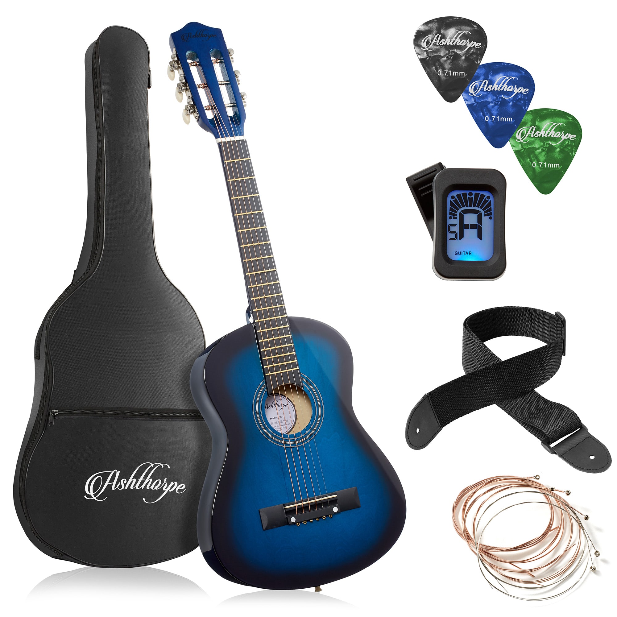 Ashthorpe - Beginner Acoustic Guitar Package - Starter Kit - Blue