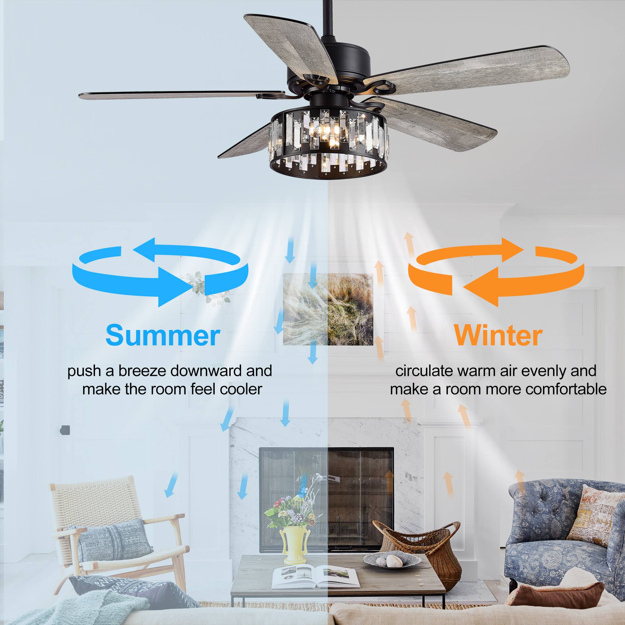 Summer: push a breeze downward and make the room feel cooler
Winter: circulate warm air evenly and make a room more comfortable