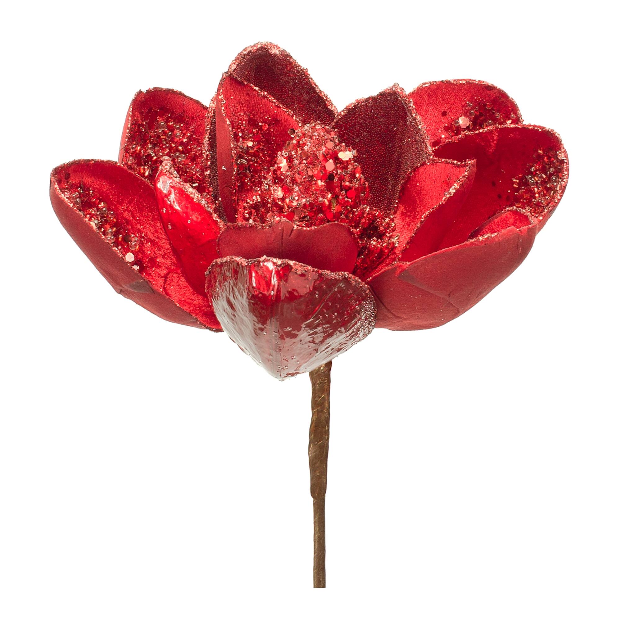 Angle. BreeBe - Red Velvet Magnolia Stem with Bead Accents (Set of 6) - Red.