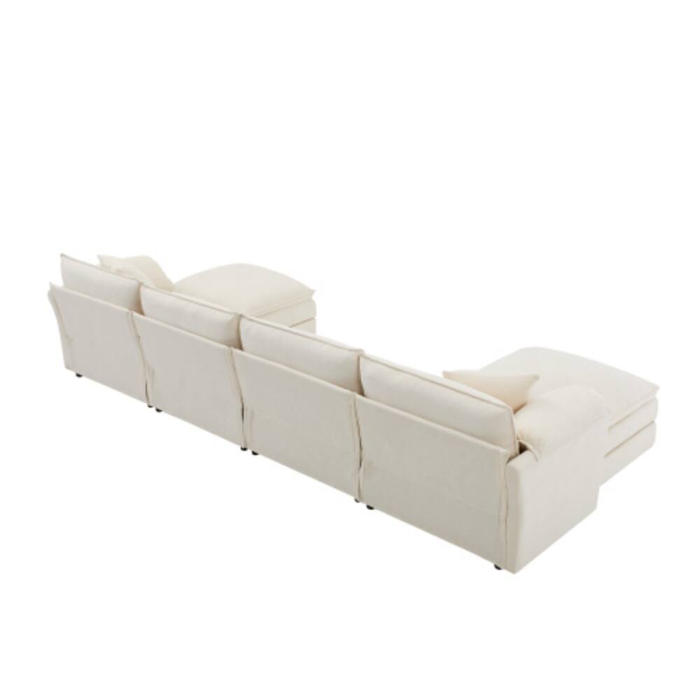 Alt View 3. LUCKY ONE - 136" U-Shaped 6-Seat Chenille Cloud Sofa w/ Double Cushions Movable Ottoman - White.