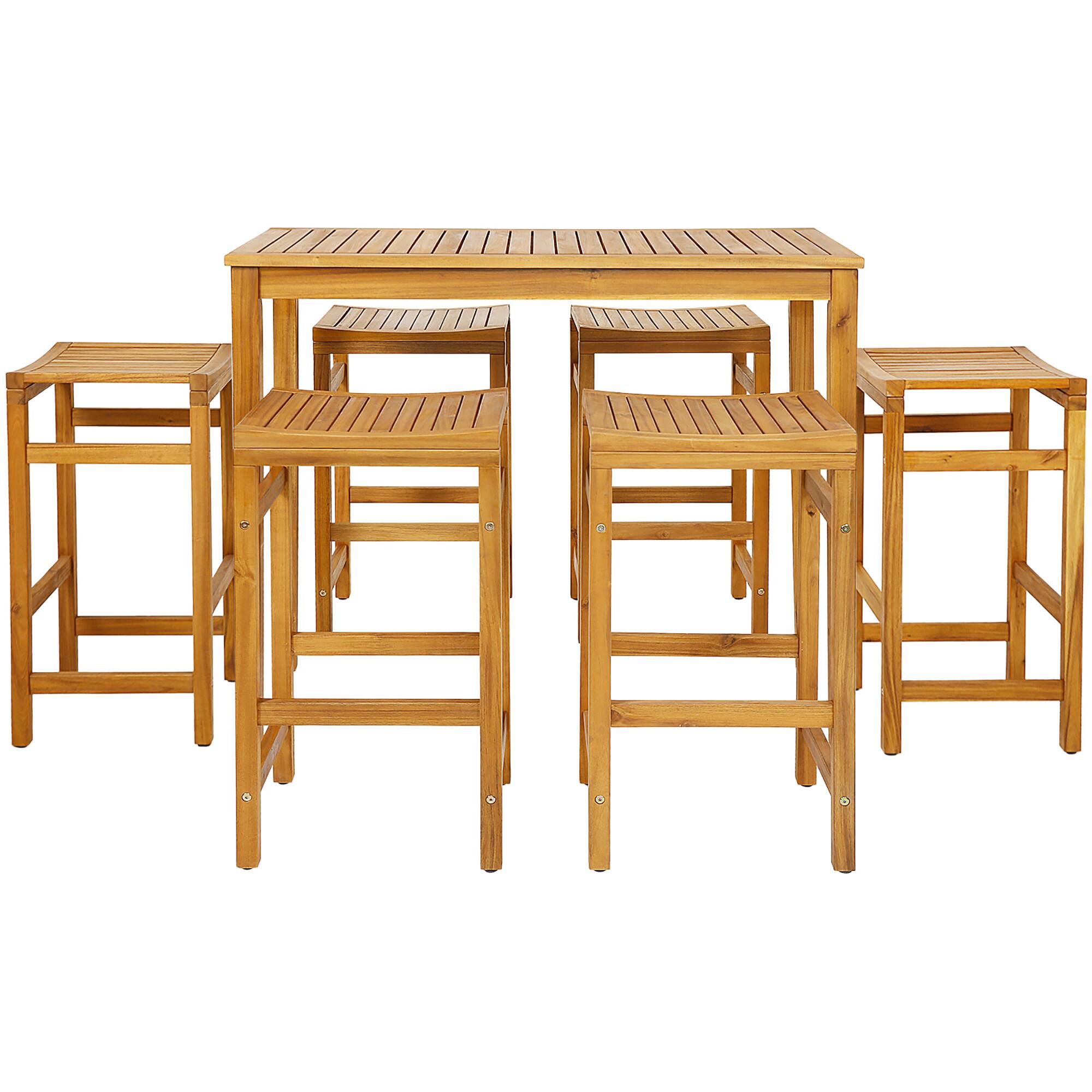 Alt View 8. Gymax - Gymax 7PCS Acacia Wood Bar Table Set 45'' Rectangular Dining Table & 6 Stools - Teak.