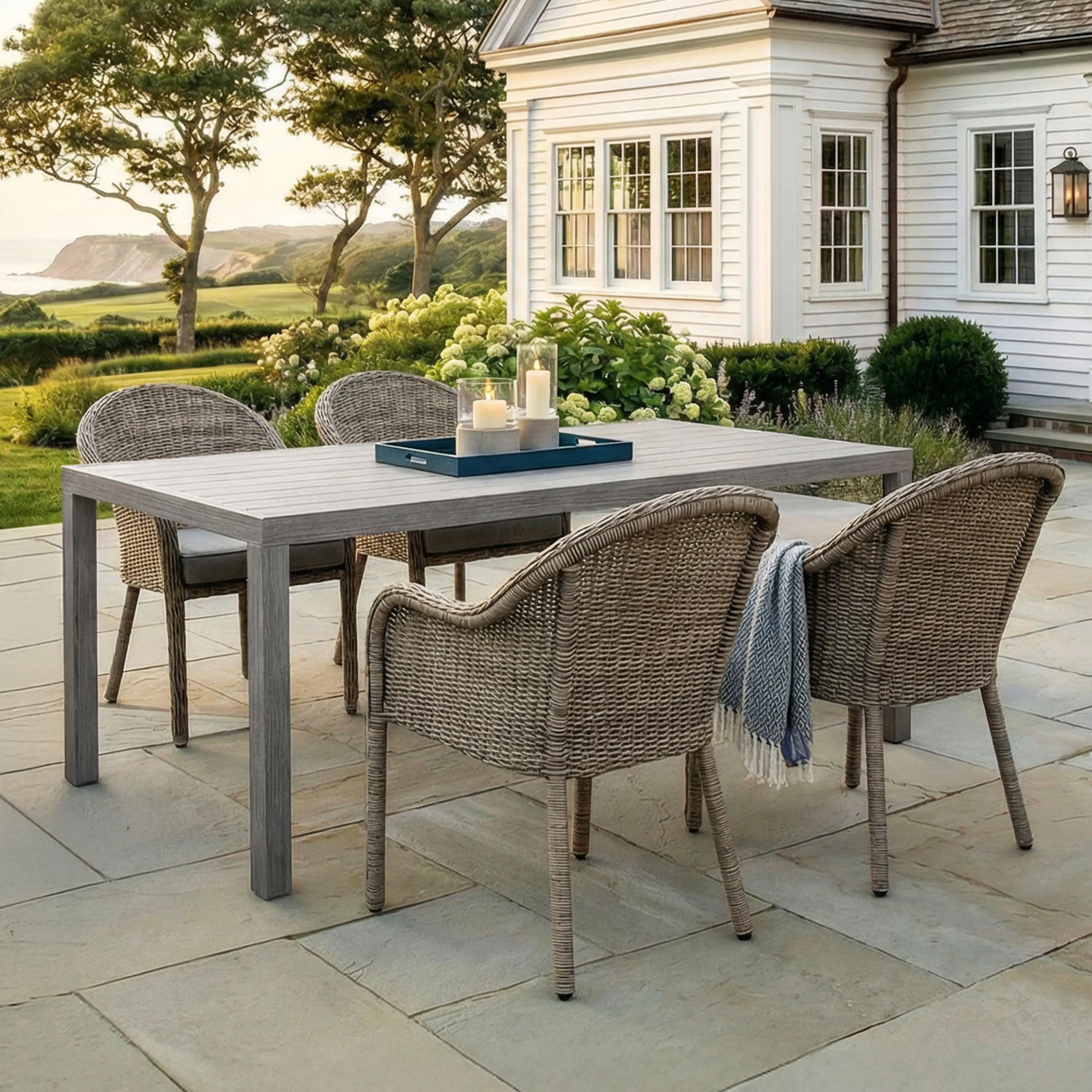 Alt View 1. Martha Stewart - Bedford 5 Piece Patio Set, 4 Stacking Rattan Wicker Chairs with Cushions, 62 Inch Rectangular Aluminum Table - Gray.
