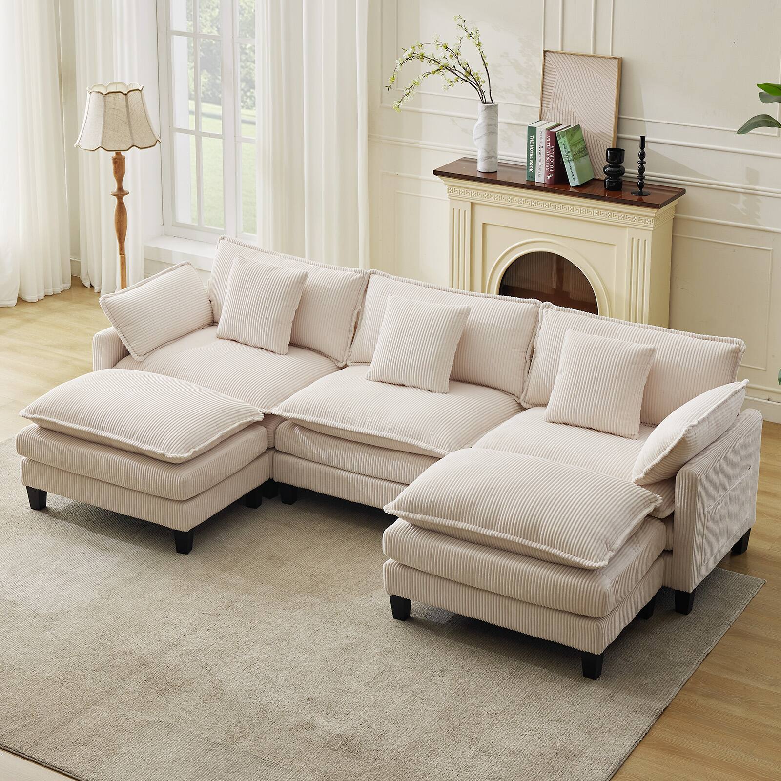 Front. Babevy - Modern Modular 3 Piece Sectional Sofa with 2 Piece Ottoman and Throw Pillows Deep Seat Corduroy L Shaped Couch Beige - Multiple colors/finishes.