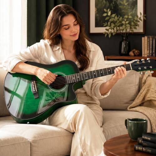 Back. Winado - Full-Size JF Style Cutaway Acoustic Electric Guitar with Amp, Basswood Body, 41in for Beginners With Gig Bag - Green.