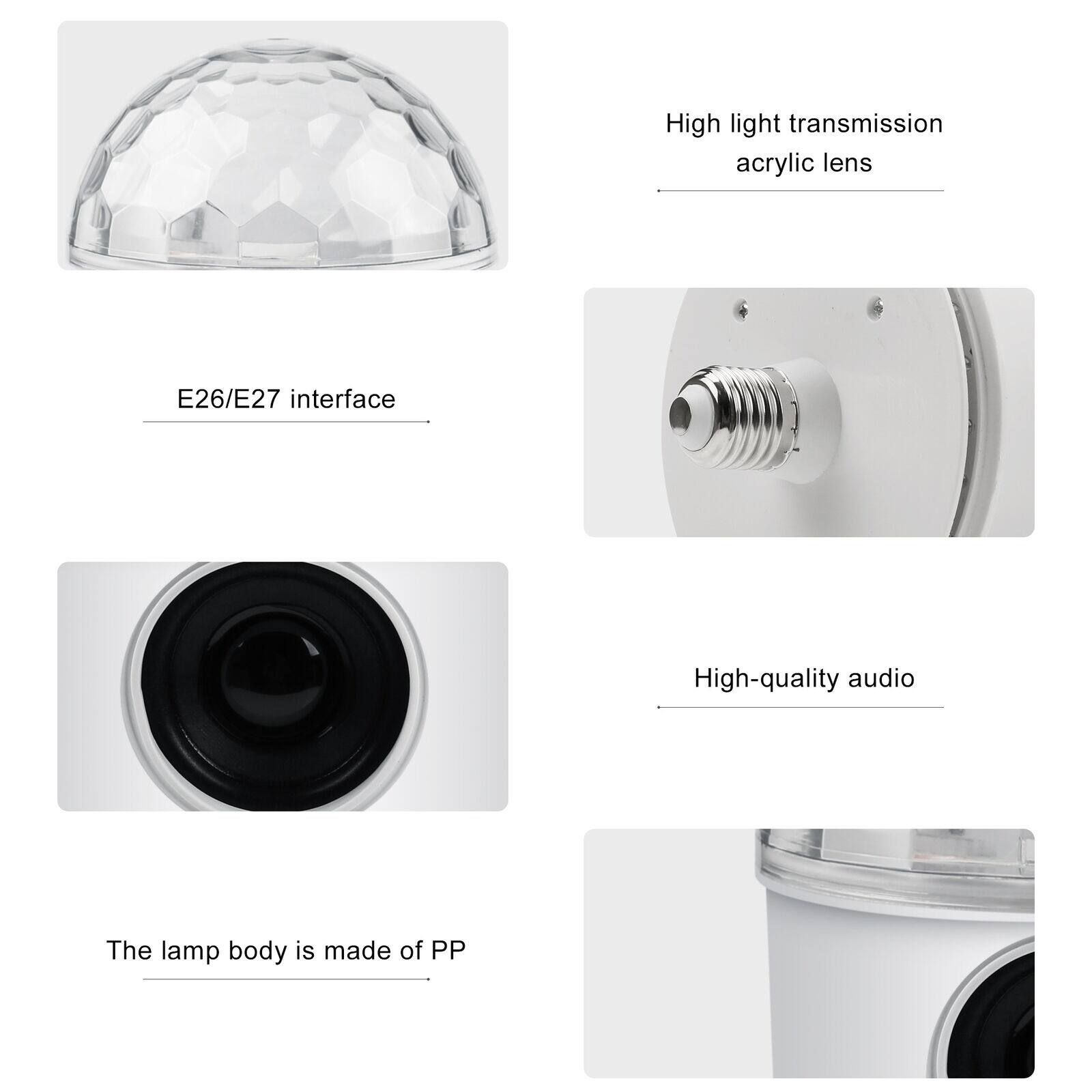 High light transmission acrylic lens
E26/E27 interface
High-quality audio
The lamp body is made of PP