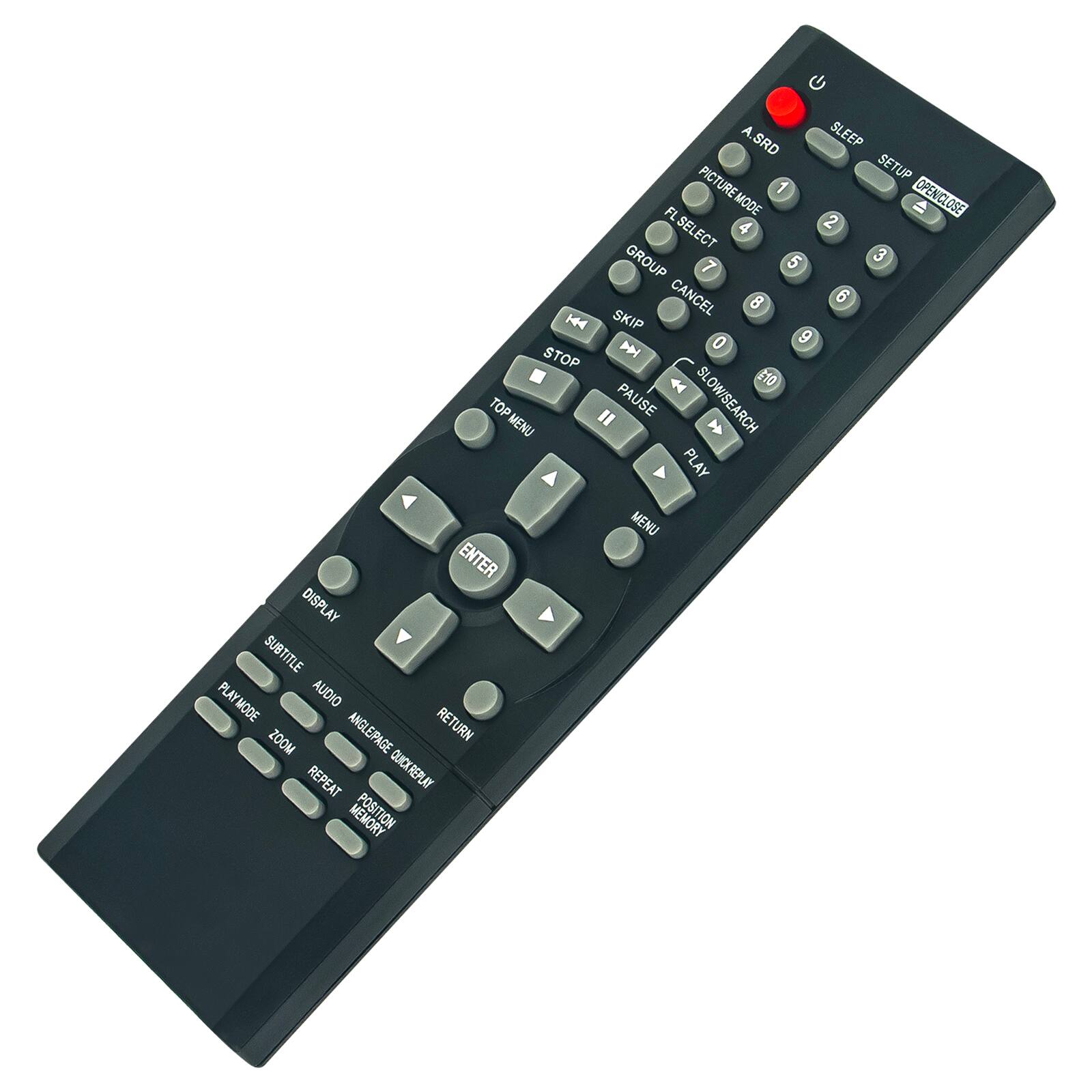 Sure, here is the corrected and grouped text from the image:

**Top Section:**
- A SRD
- SLEEP
- SETUP
- OPEN/CLOSE

**Number Pad:**
- 1
- 2
- 3
- 4
- 5
- 6
- 7
- 8
- 9
- 0
- 10

**Playback Controls:**
- STOP
- PAUSE
- SLOW/SEARCH
- PLAY
- SKIP
- GROUP
- CANCEL

**Navigation:**
- TOP MENU
- ENTER
- DISPLAY
- SUBTITLE
- AUDIO
- MEGE/QUICKREP
- RETURN
- POSITION MEMORY
- RESET
- ZOOM
- ANGLE/PAGE
- REPEAT
- QUICKREP
- MEMORY
- SLEEP
- SRD
- PICTURE SETUP

**Bottom Section:**
- FL SELECT
- 1
- 2
- 3
- 4
- 5
- 6
- 7
- 8
- 9
- 0
- 10
- PAUSE
- SLOW/SEARCH
- PLAY