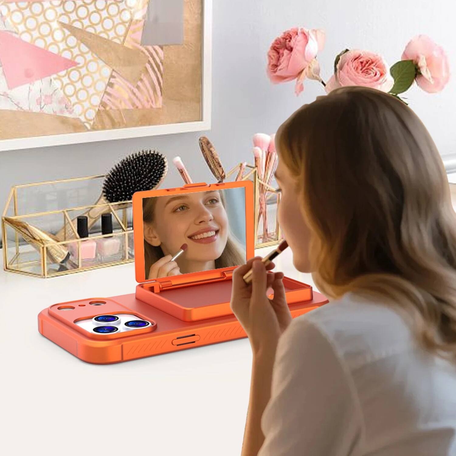 Left. Stock Preferred - Shockproof Case for iPhone 17 with Card Holder & Hidden Mirror - Orange - Orange.