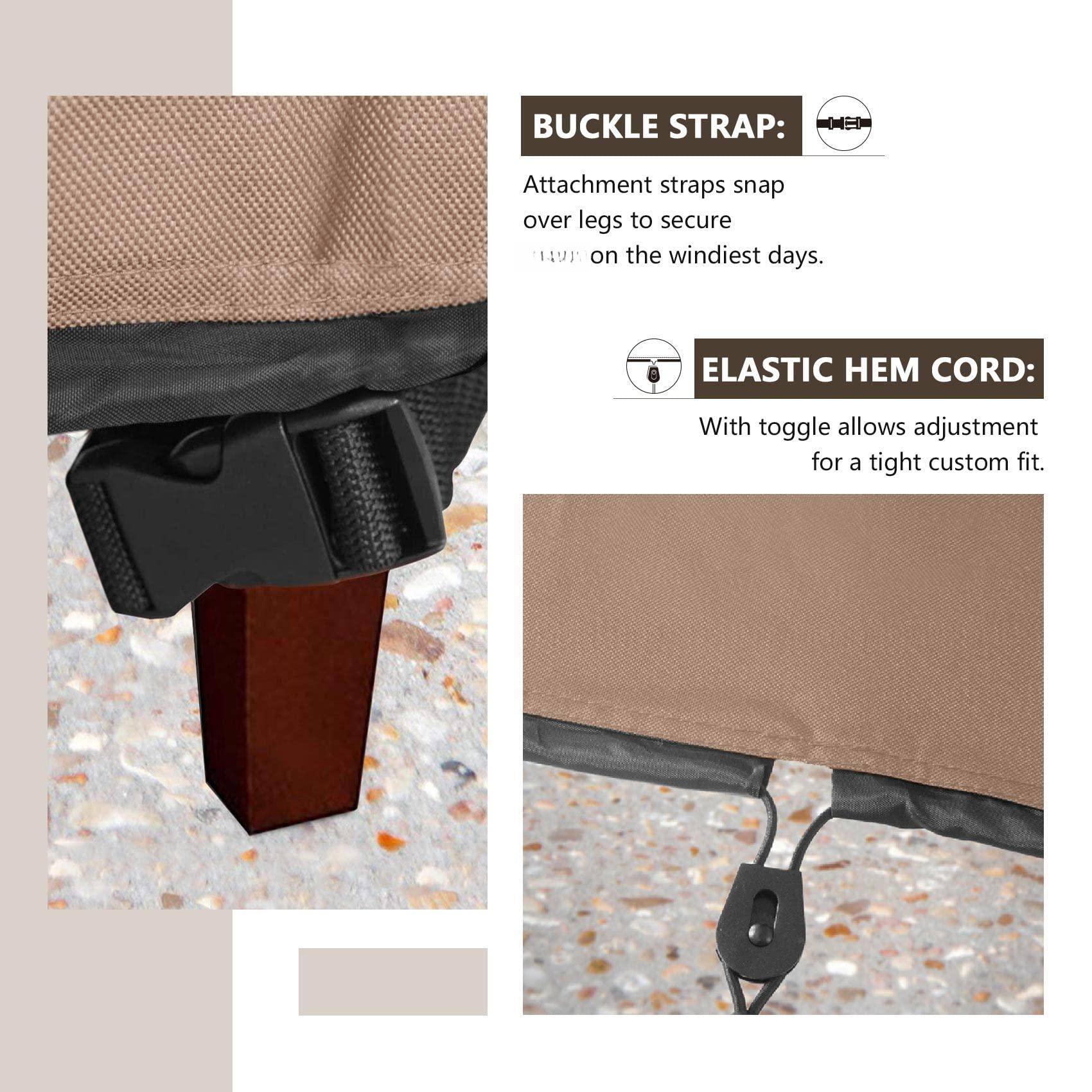 BUCKLE STRAP:  
Attachment straps snap over legs to secure on the windiest days.  

ELASTIC HEM CORD:  
With toggle allows adjustment for a tight custom fit.