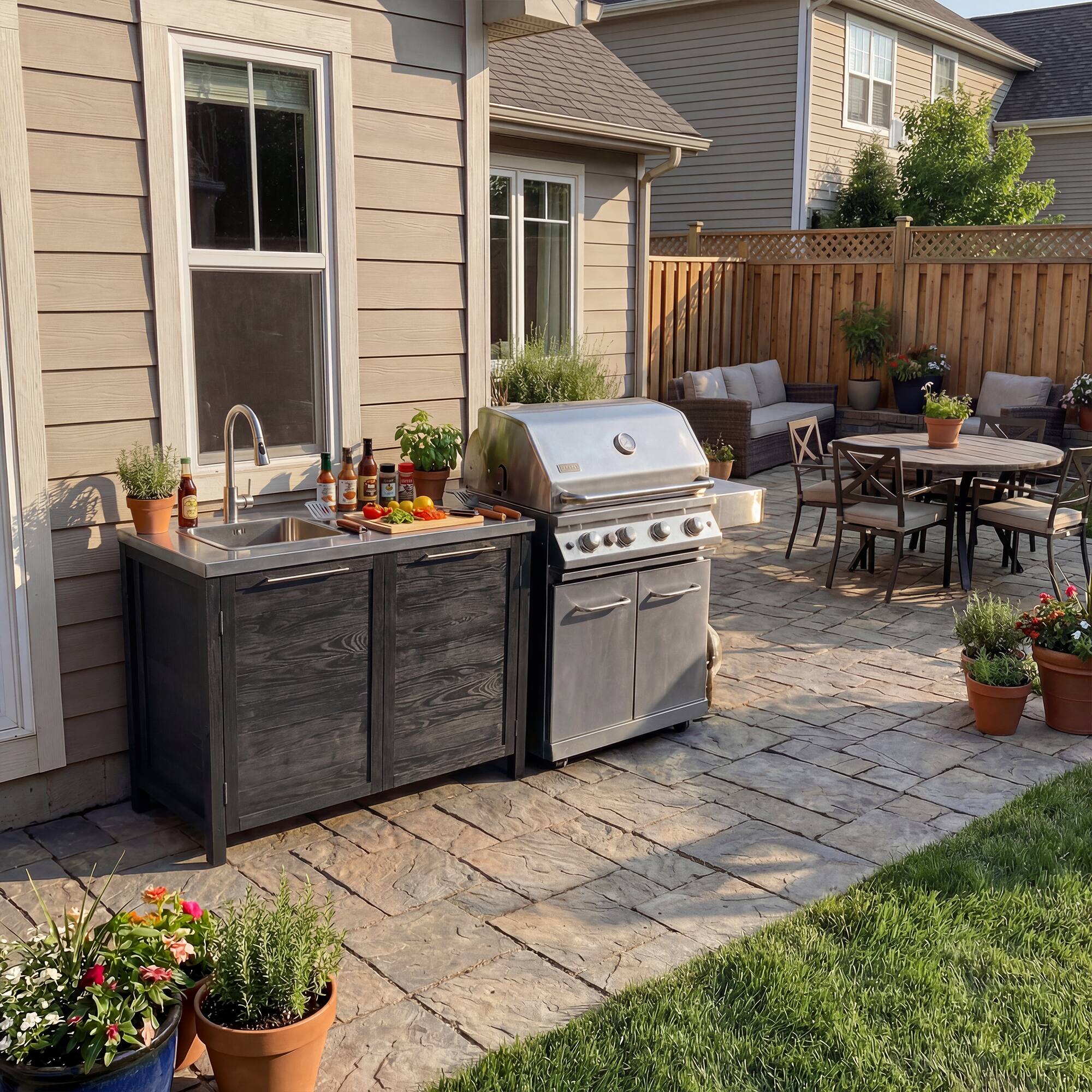 Back. Famapy - Modular Solid Cedar Outdoor Kitchen Cabinets - All-Weather Storage with Stainless Steel Top for Patio, Grill Station - Carbon Black.