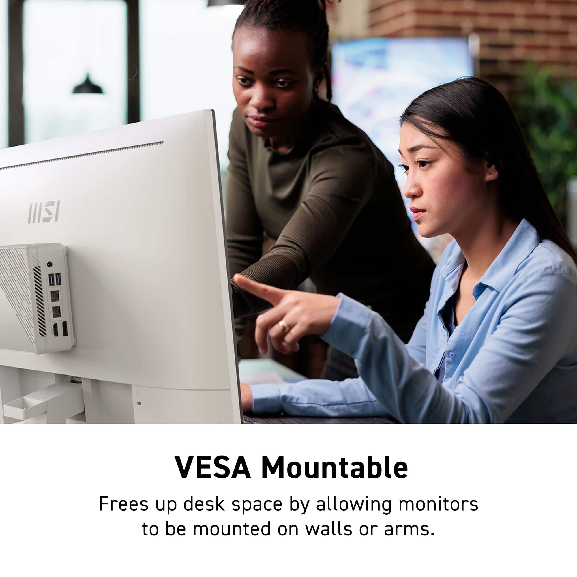 ISI VESA Mountable frees up desk space by allowing monitors to be mounted on walls or arms.