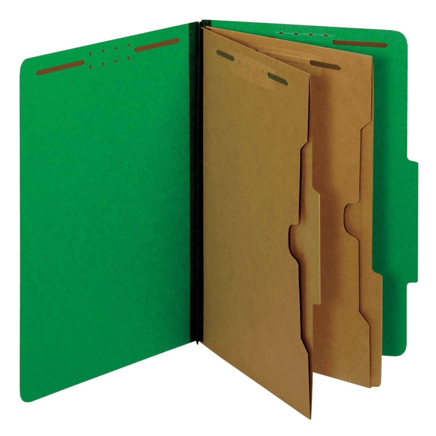 Front. Tops Business Forms - Pressboard  Folders with Two Full-Pocket Dividers, 2.5" Expansion, 6 Fasteners, Legal Size, Dark Green, 10/Box.