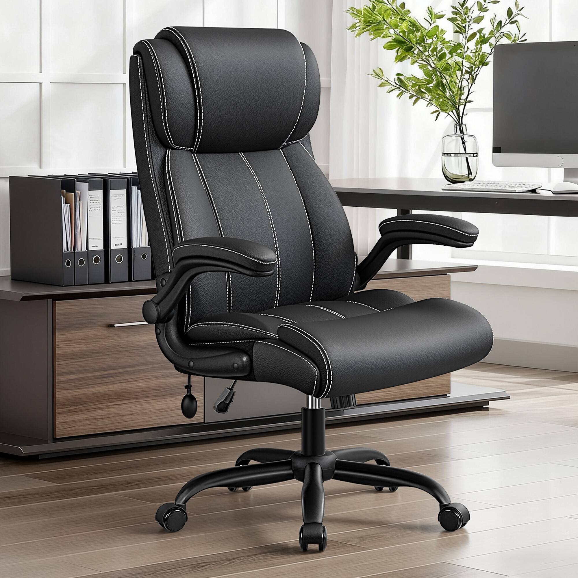 Alt View 4. KERDOM - Ergonomic Office Chair - Desk Computer Chair, PU Leather High Back Executive Chair, Inflatable Lumbar Support, Wide Seat - Black.