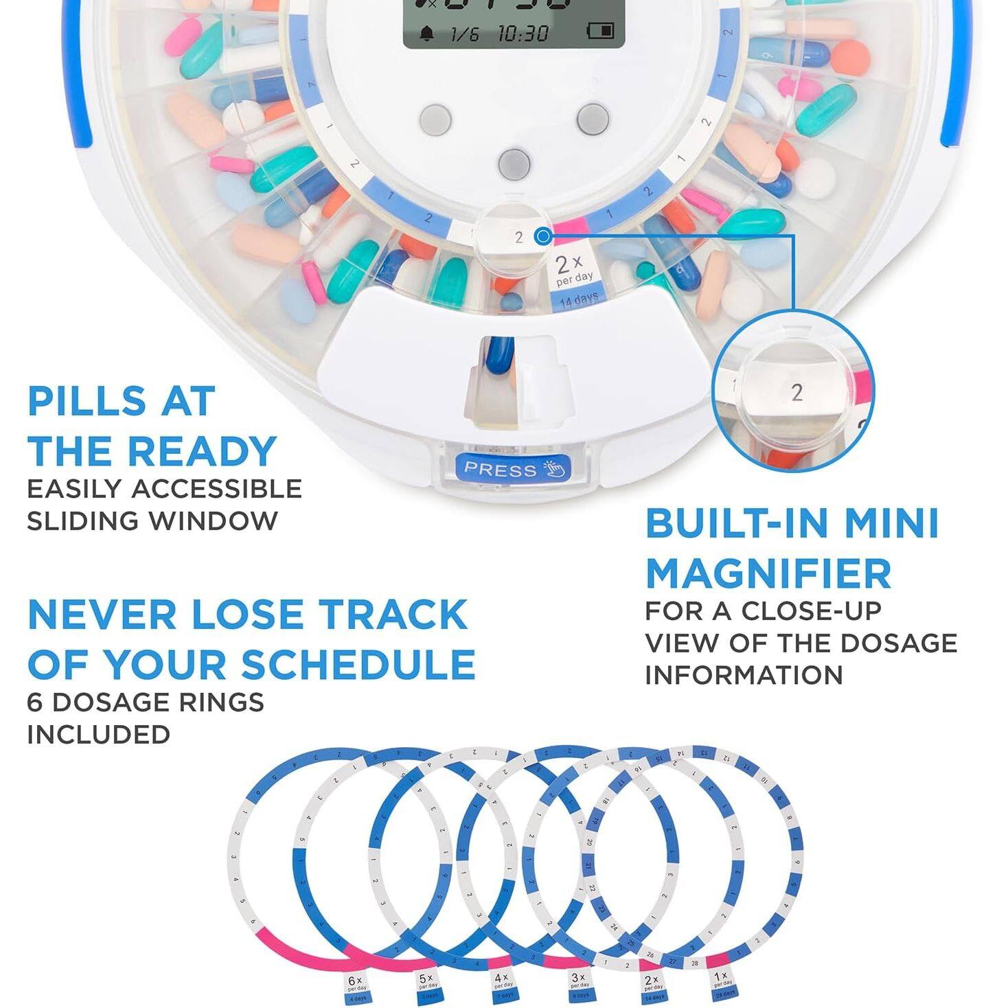 OIE 1/6 10:30 2 2 N - 1 2 2 1 2x x per day 14 days 2 PILLS AT THE READY EASILY ACCESSIBLE SLIDING WINDOW NEVER LOSE TRACK OF YOUR SCHEDULE 6 DOSAGE RINGS INCLUDED 2 BUILT-IN MINI MAGNIFIER FOR A CLOSE-UP VIEW OF THE DOSAGE INFORMATION a + 6s 5x 4x 3x 1 2x 2 1x