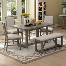 Front. LUCKY ONE - 6-Piece Retro Dining Set with 60" Rectangular Dining Table, Bench and 4 Chairs - Gray.